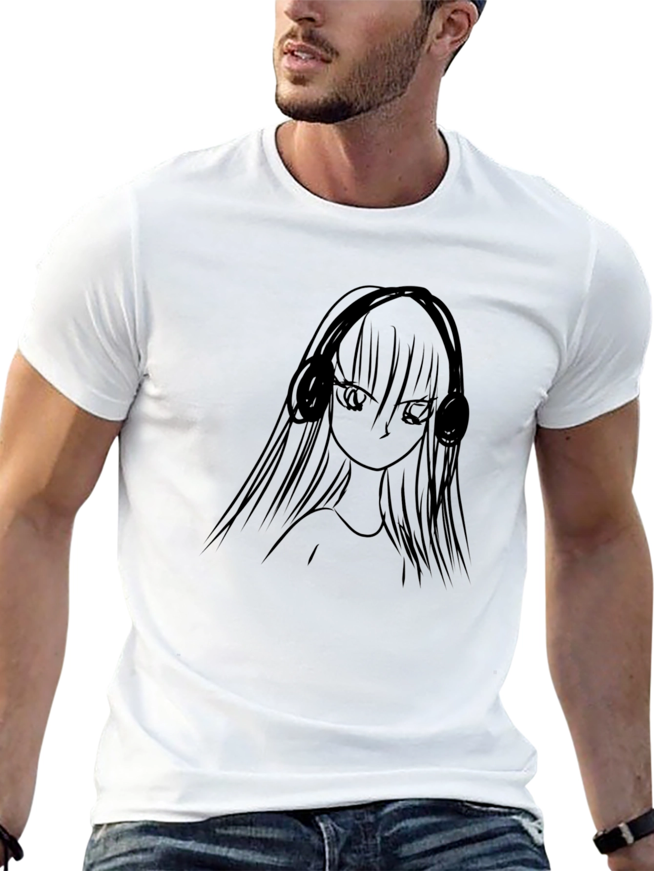 Anime Girl Headphones Black T-Shirt