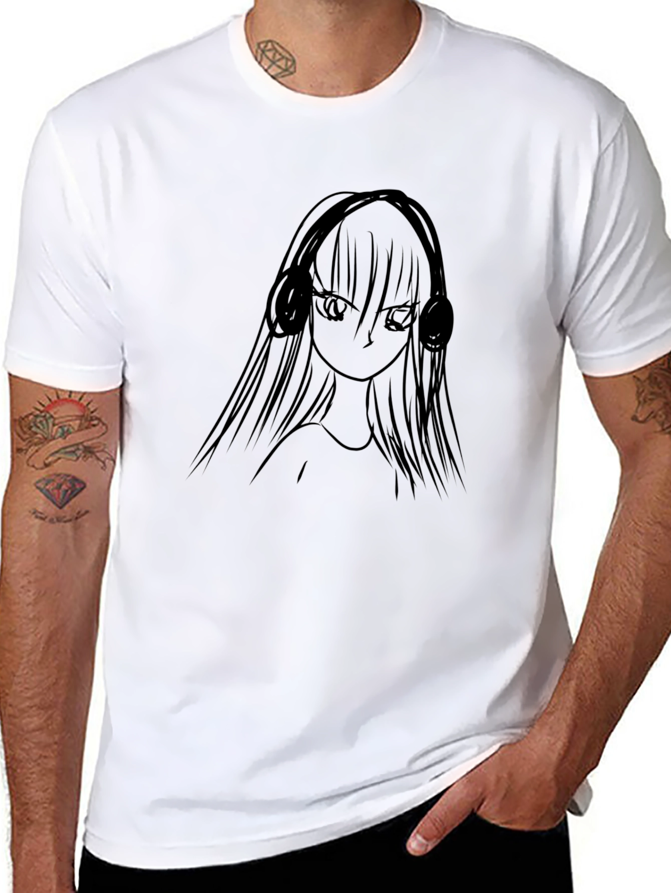 Anime Girl Headphones Black T-Shirt