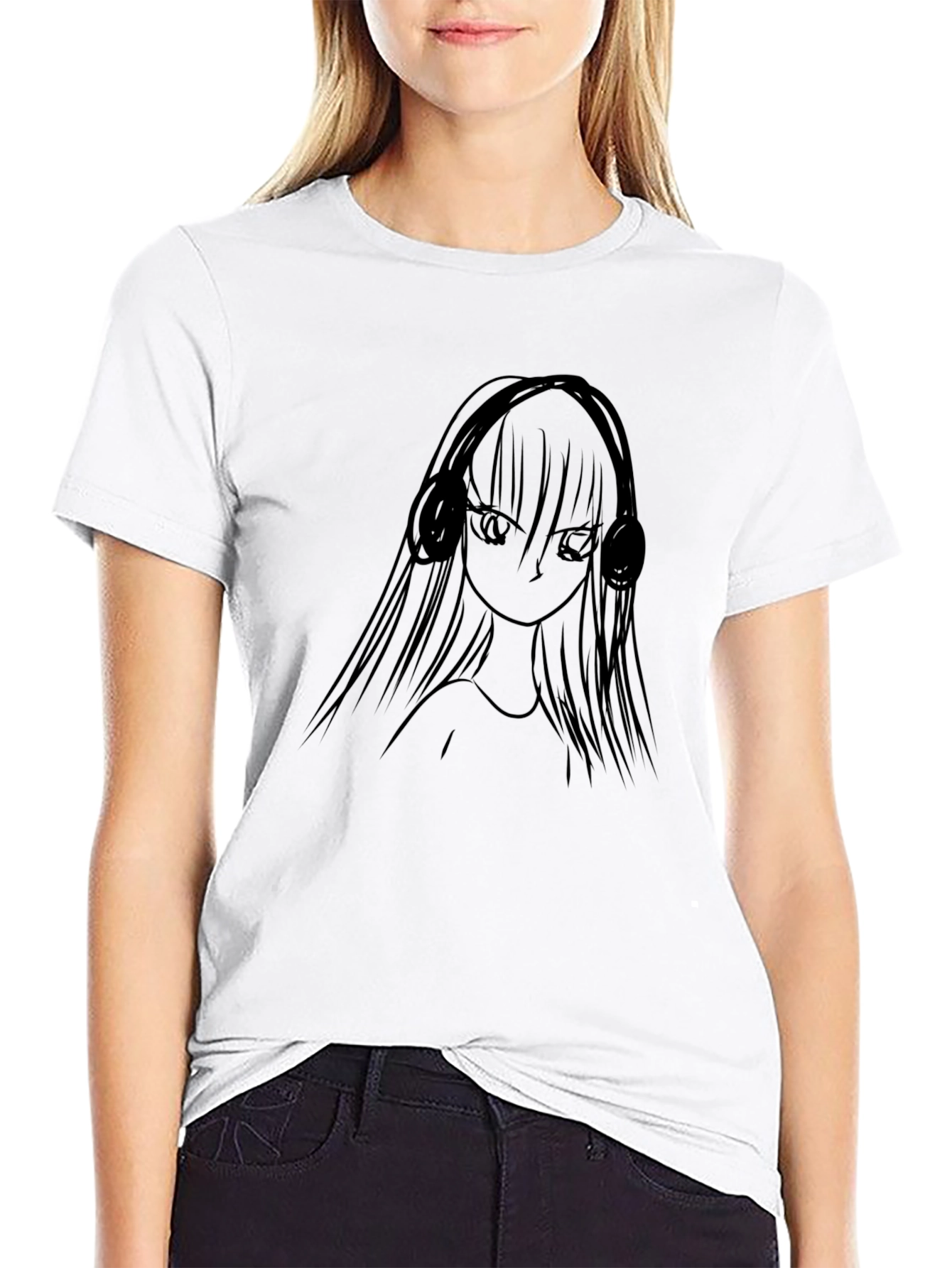 Anime Girl Headphones Black T-Shirt