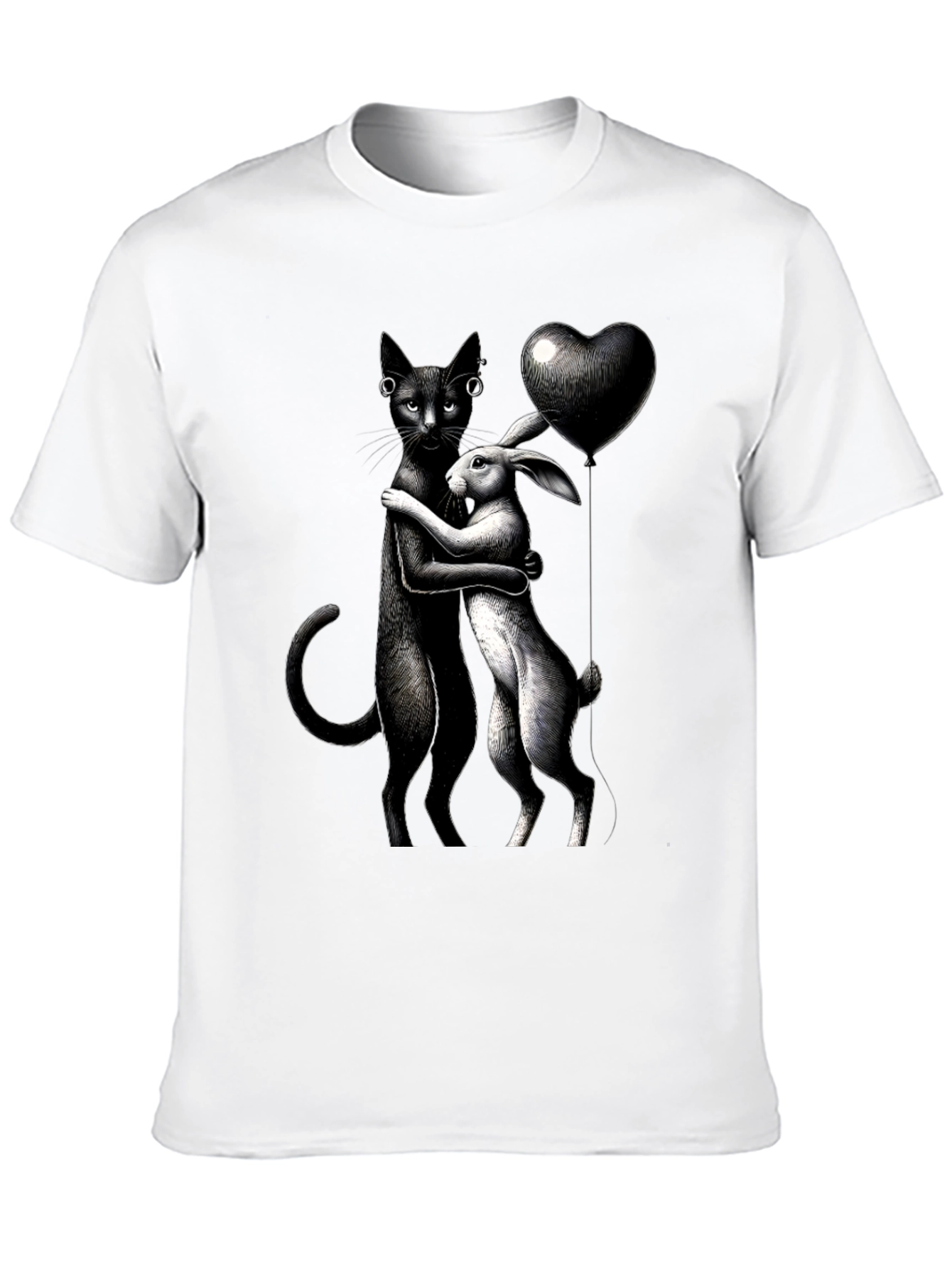 Cat and Rabbit Hug Black T-Shirt