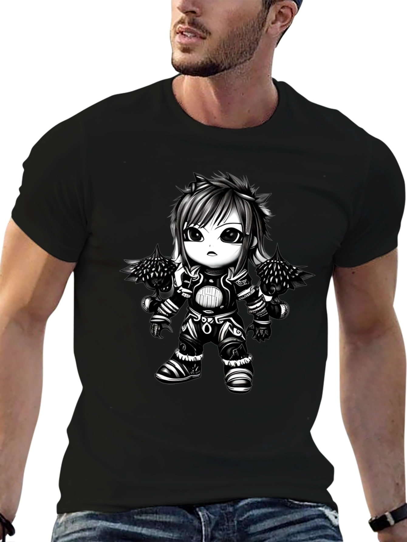 Anime Warrior Graphic Tee - Black Cotton T-Shirt
