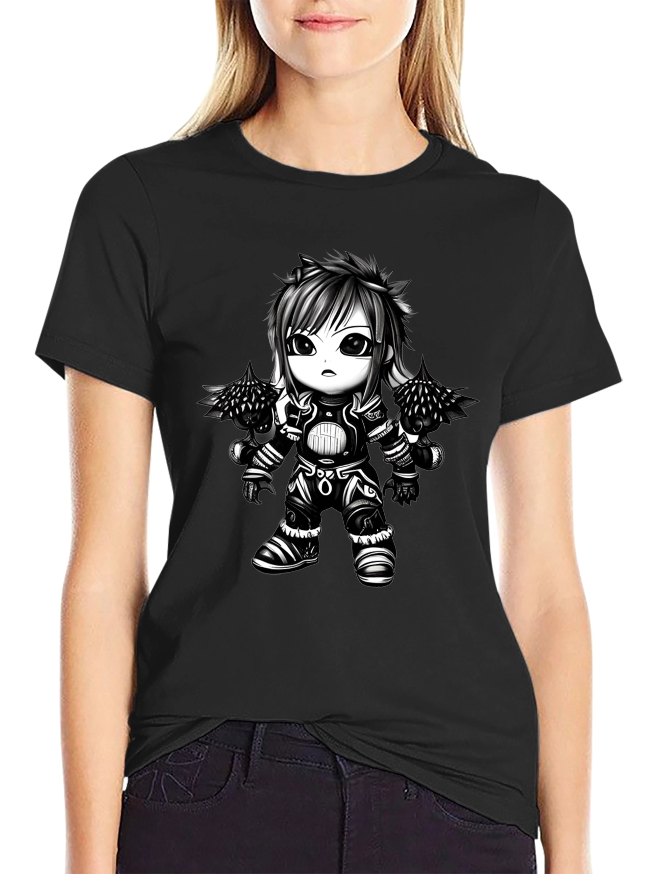 Anime Warrior Graphic Tee - Black Cotton T-Shirt