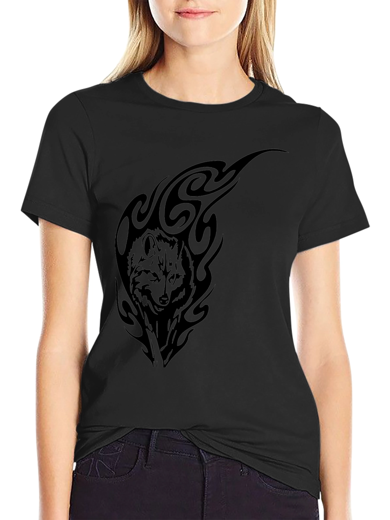 Wolf Tribal Graphic Tee - Black Cotton T-Shirt