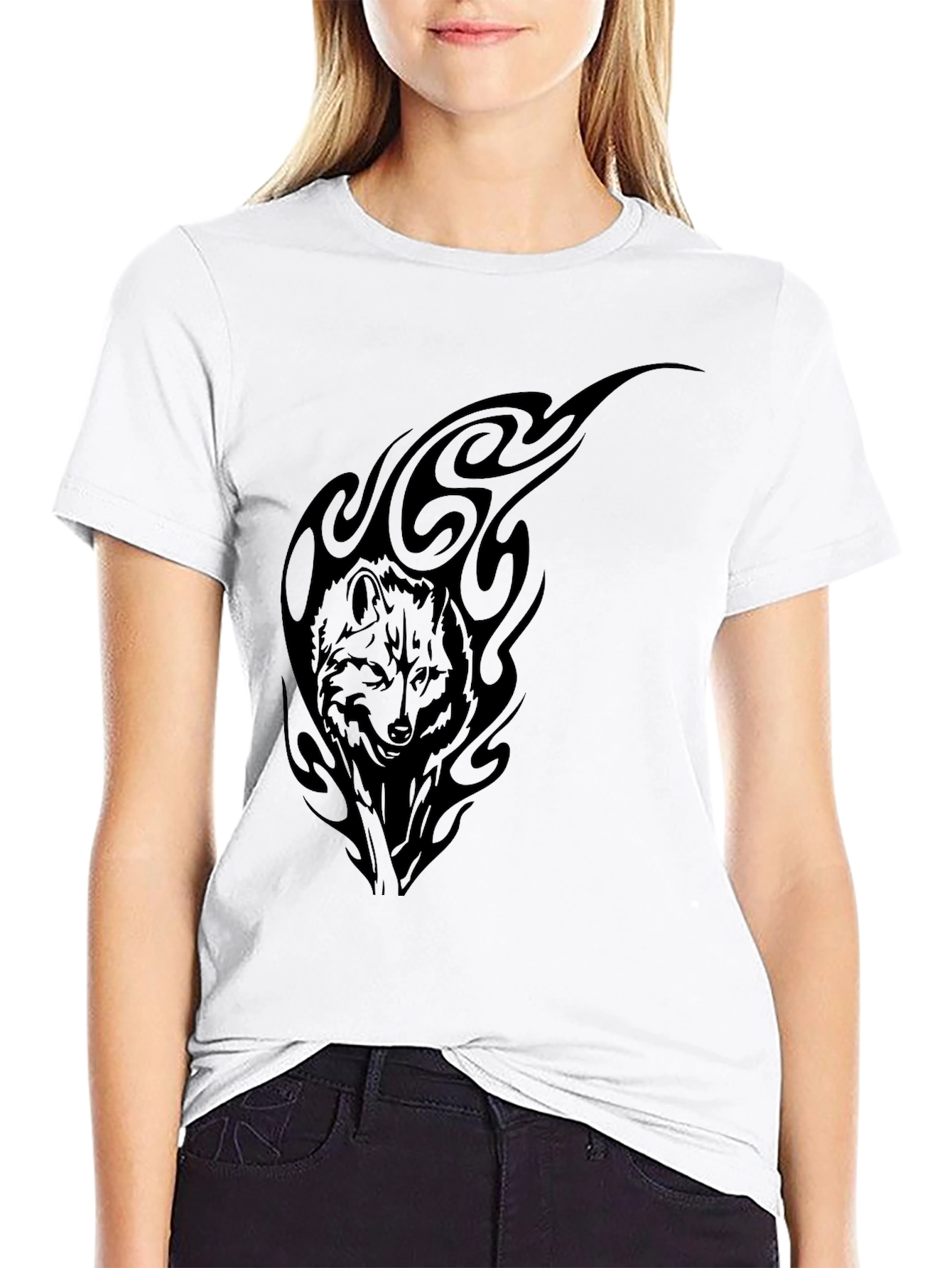 Wolf Tribal Graphic Tee - Black Cotton T-Shirt
