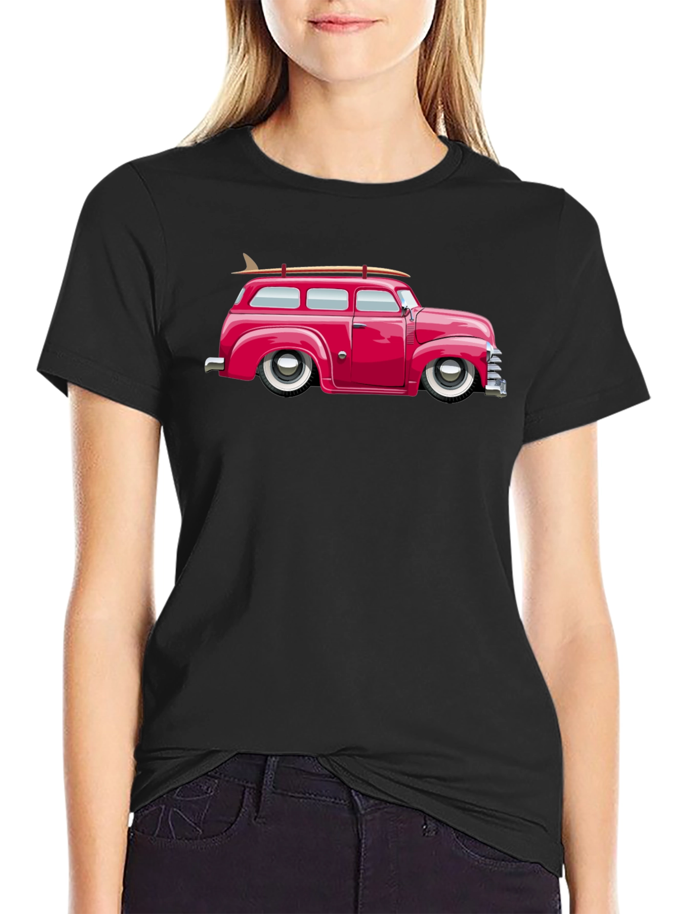 Classic Car Surfboard Tee - Retro Black T-Shirt