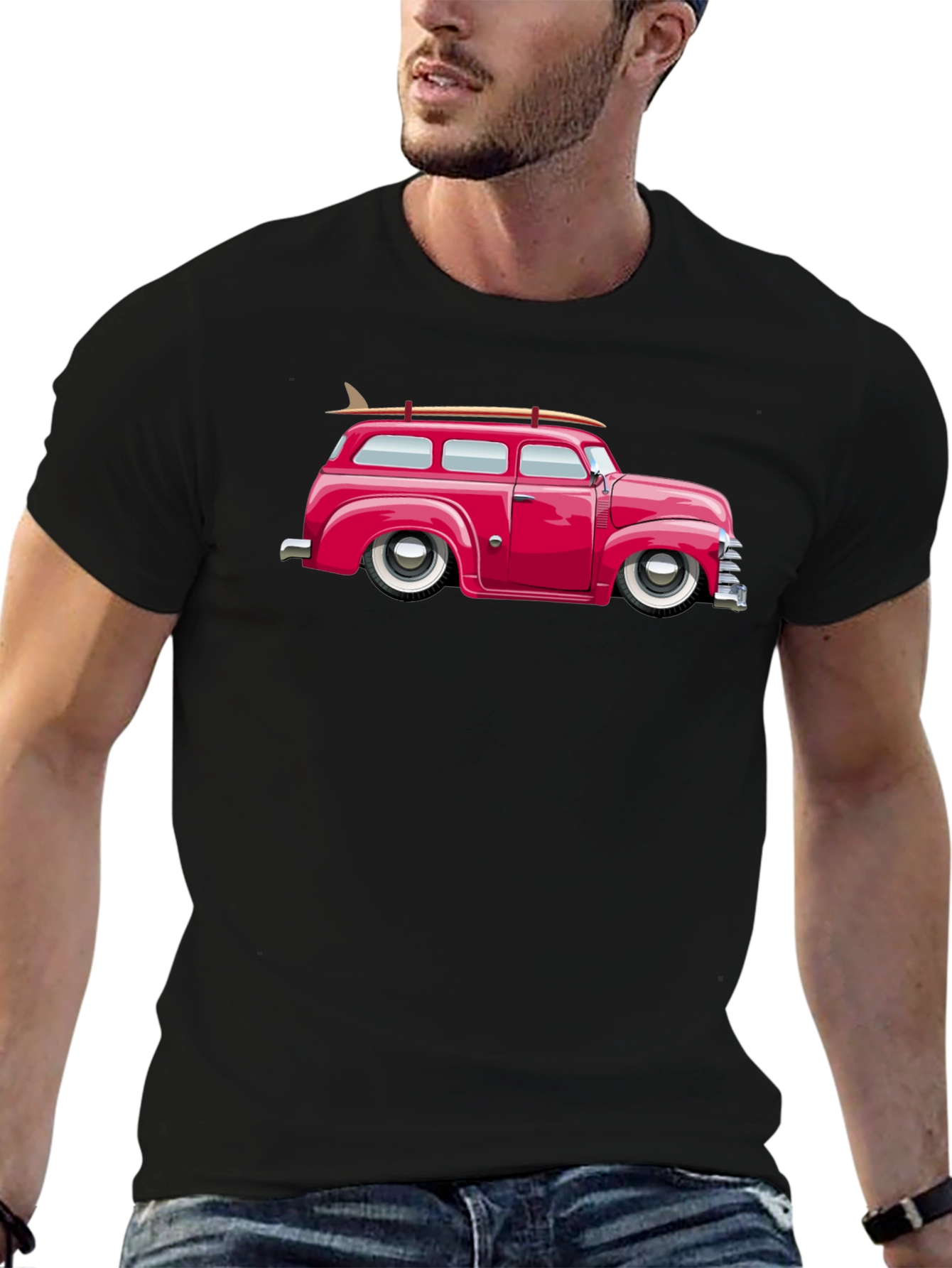 Classic Car Surfboard Tee - Retro Black T-Shirt