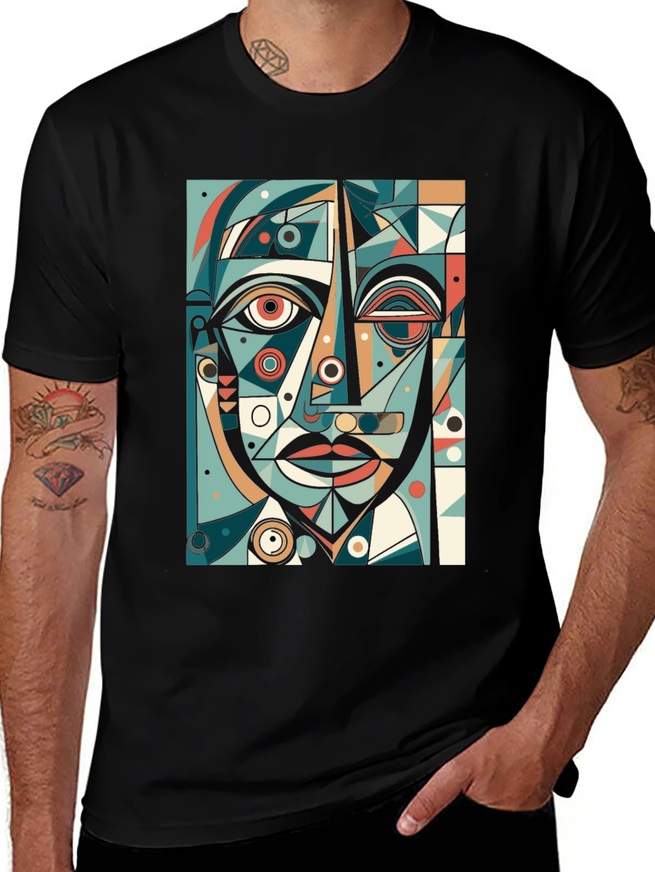 Abstract Geometric Face Graphic Tee - Black