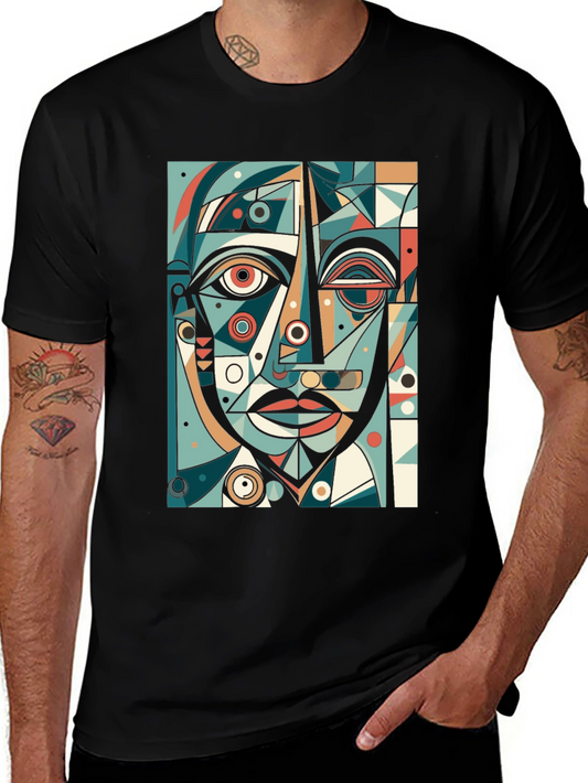 Abstract Geometric Face Graphic Tee - Black