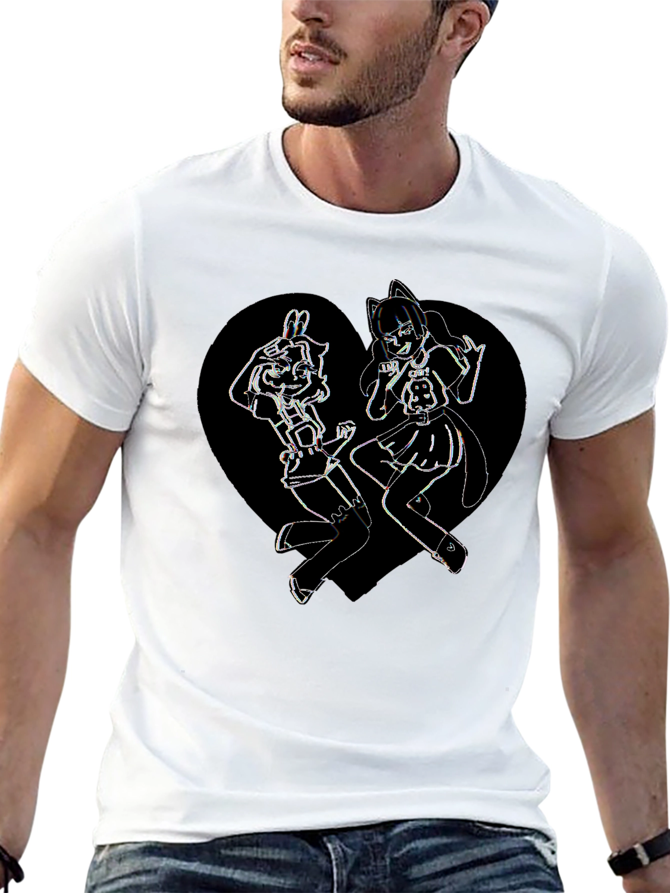 Anime Girl Heart Graphic Tee - Black Cotton Blend