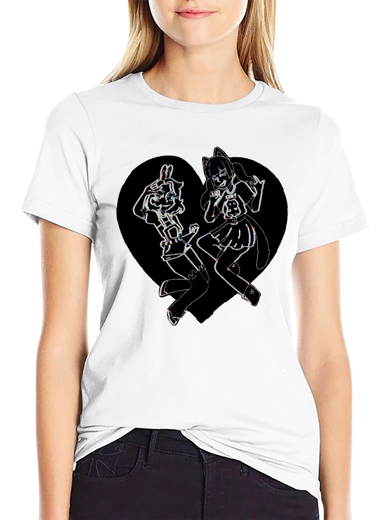 Anime Girl Heart Graphic Tee - Black Cotton Blend