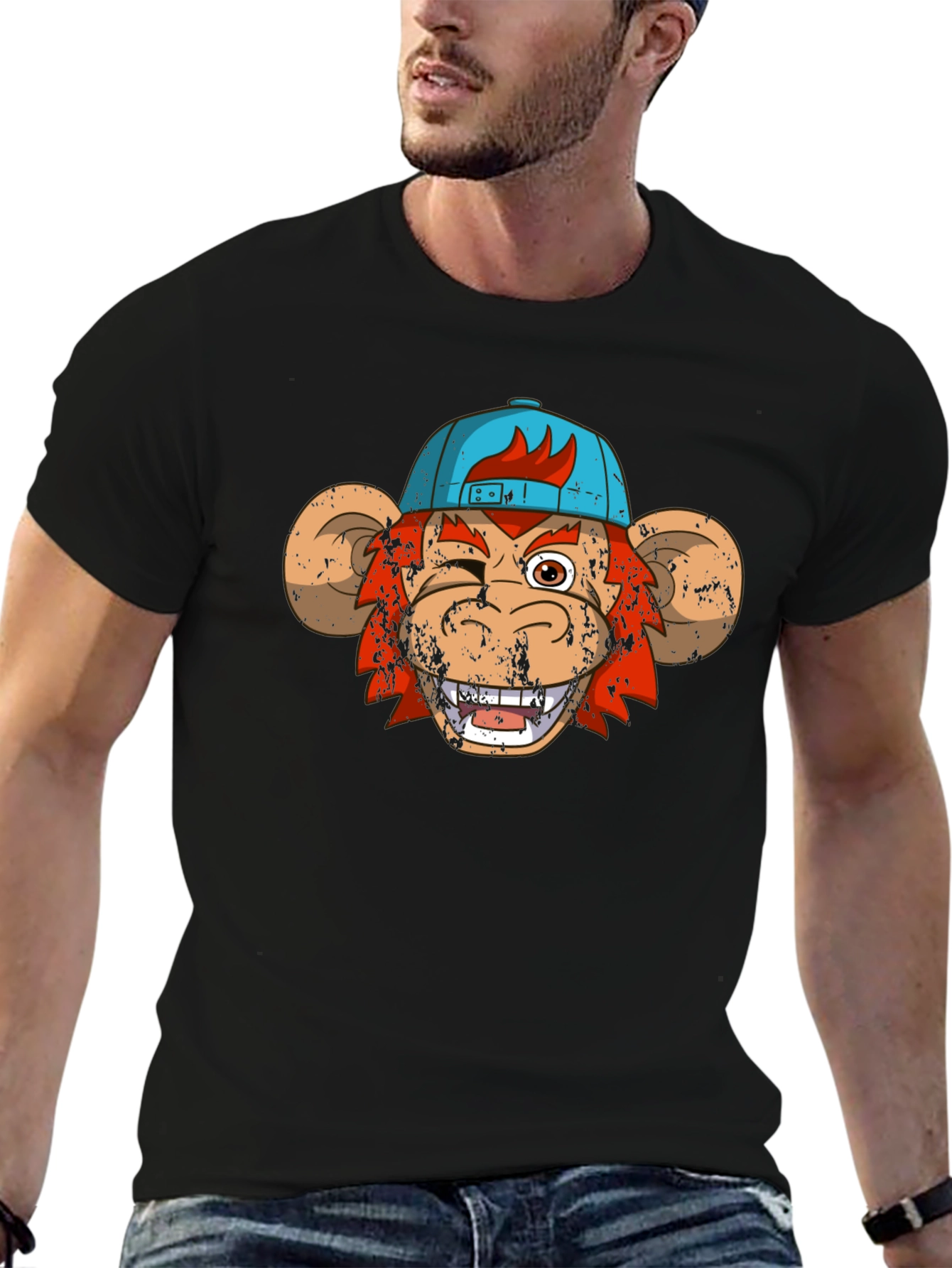 Winking Monkey Graphic Tee - Black Cotton Crew Neck
