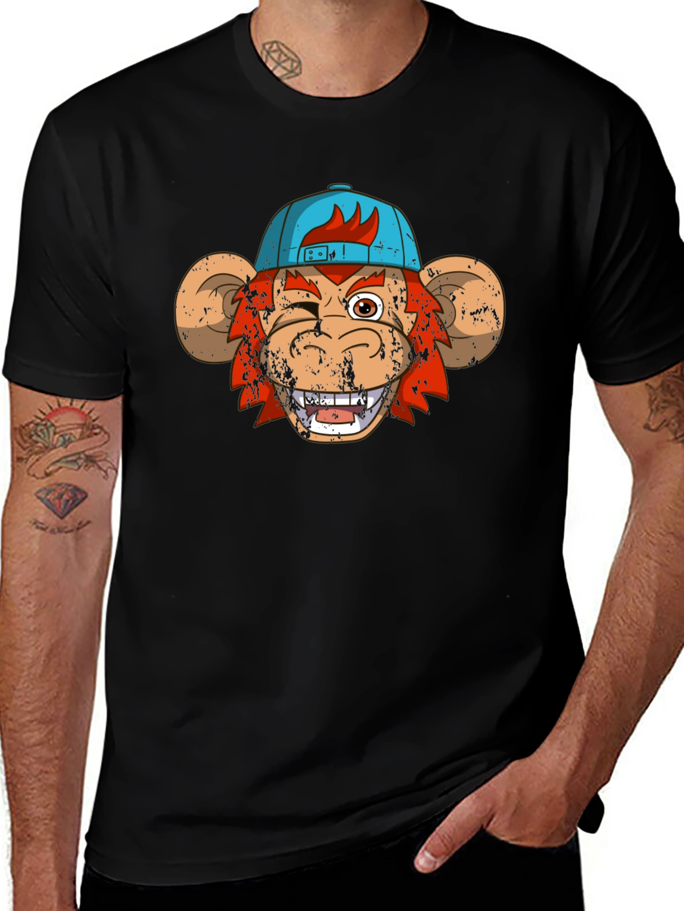 Winking Monkey Graphic Tee - Black Cotton Crew Neck