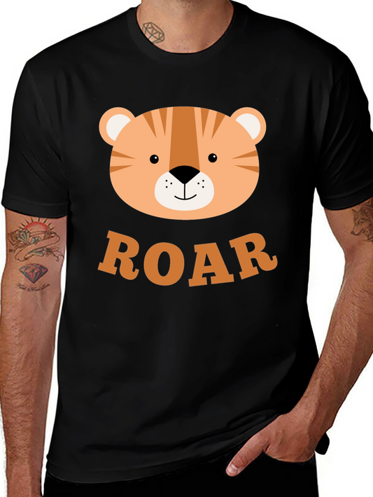 Roar! Cute Tiger Graphic T-Shirt - Black Cotton Blend
