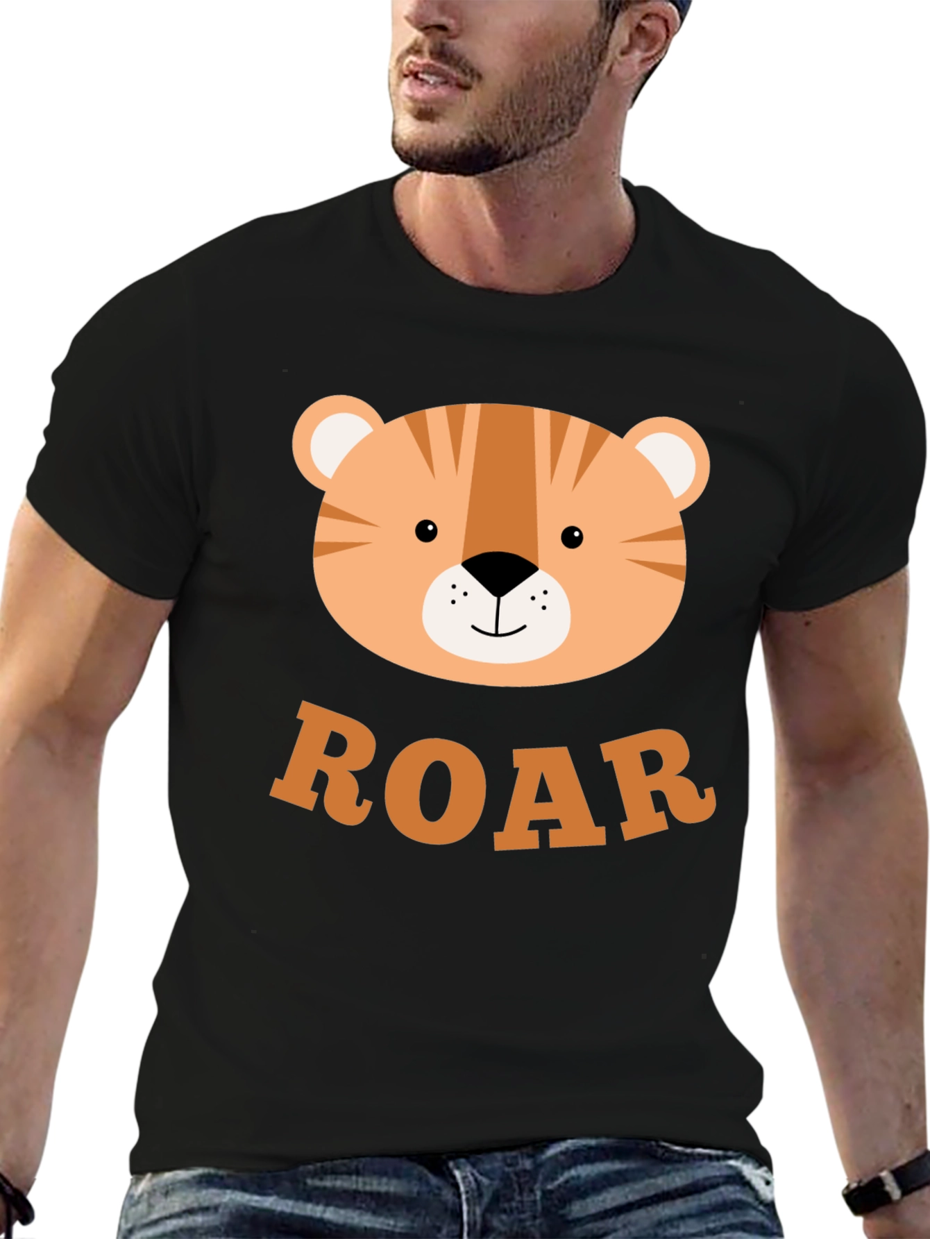 Roar! Cute Tiger Graphic T-Shirt - Black Cotton Blend