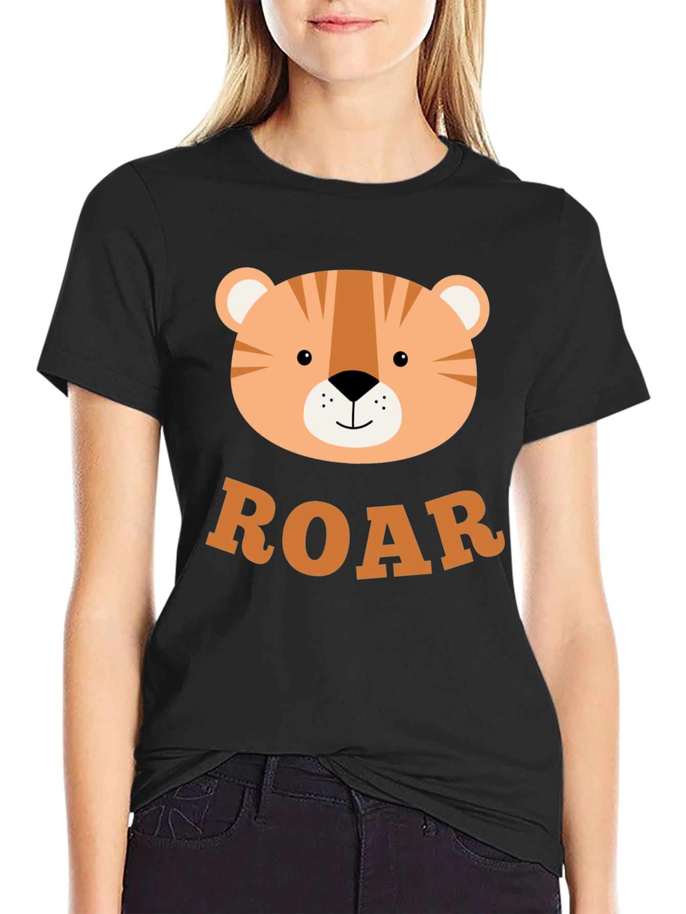 Roar! Cute Tiger Graphic T-Shirt - Black Cotton Blend