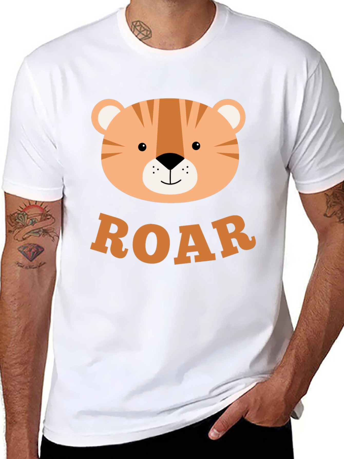 Roar! Cute Tiger Graphic T-Shirt - Black Cotton Blend
