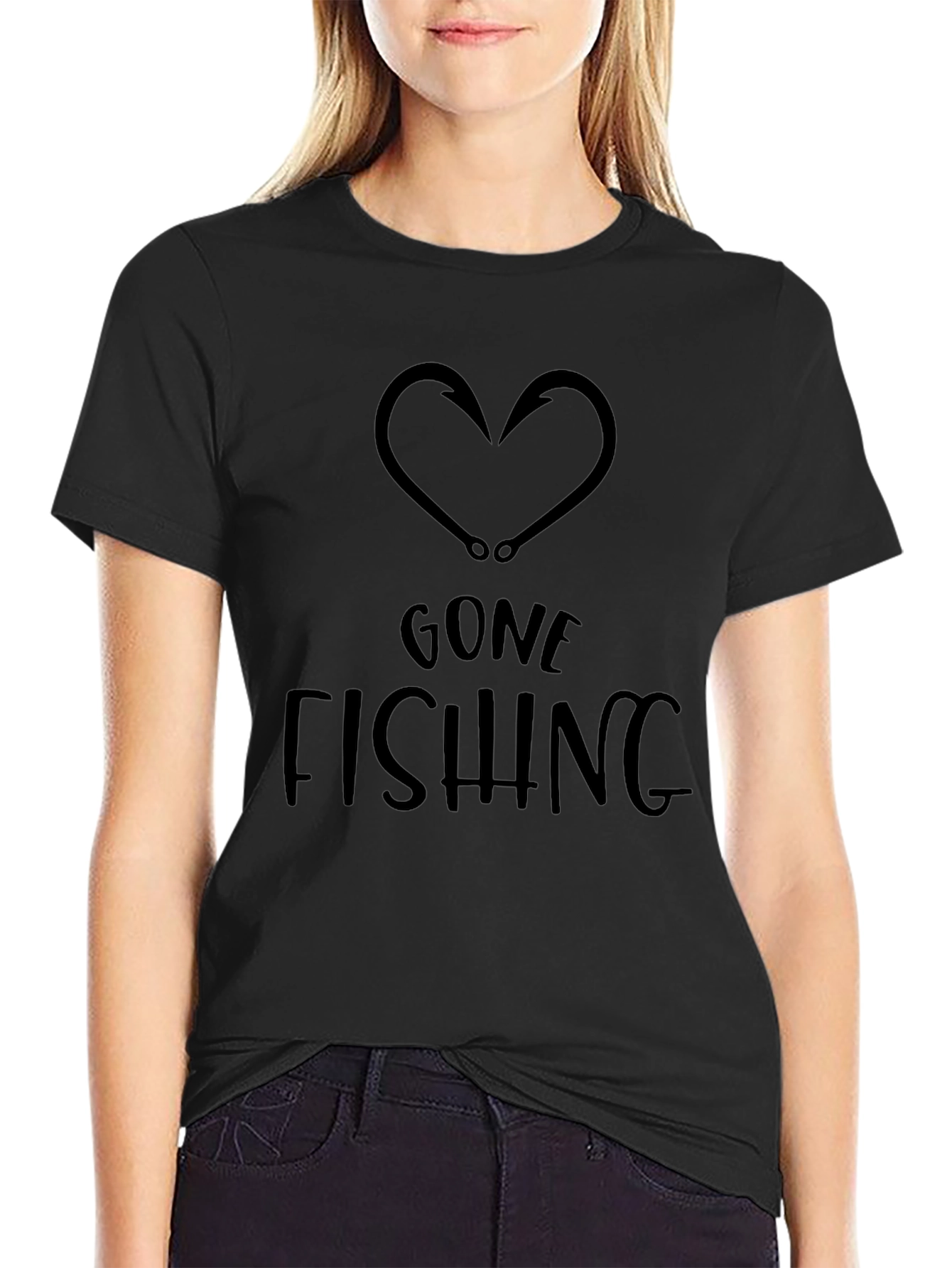 Gone Fishing Heart Hook Black T-Shirt