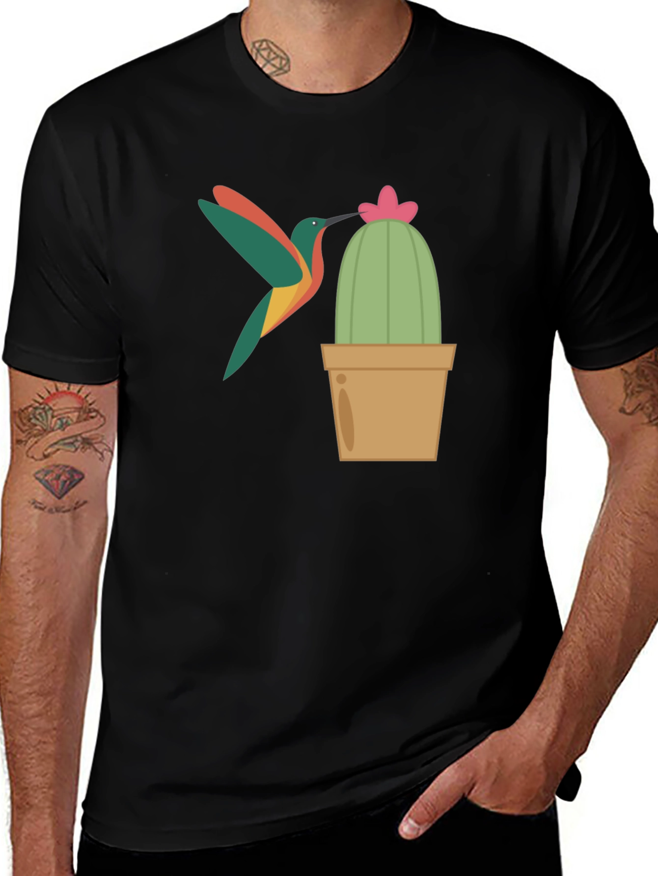 Hummingbird & Cactus Graphic T-Shirt - Black