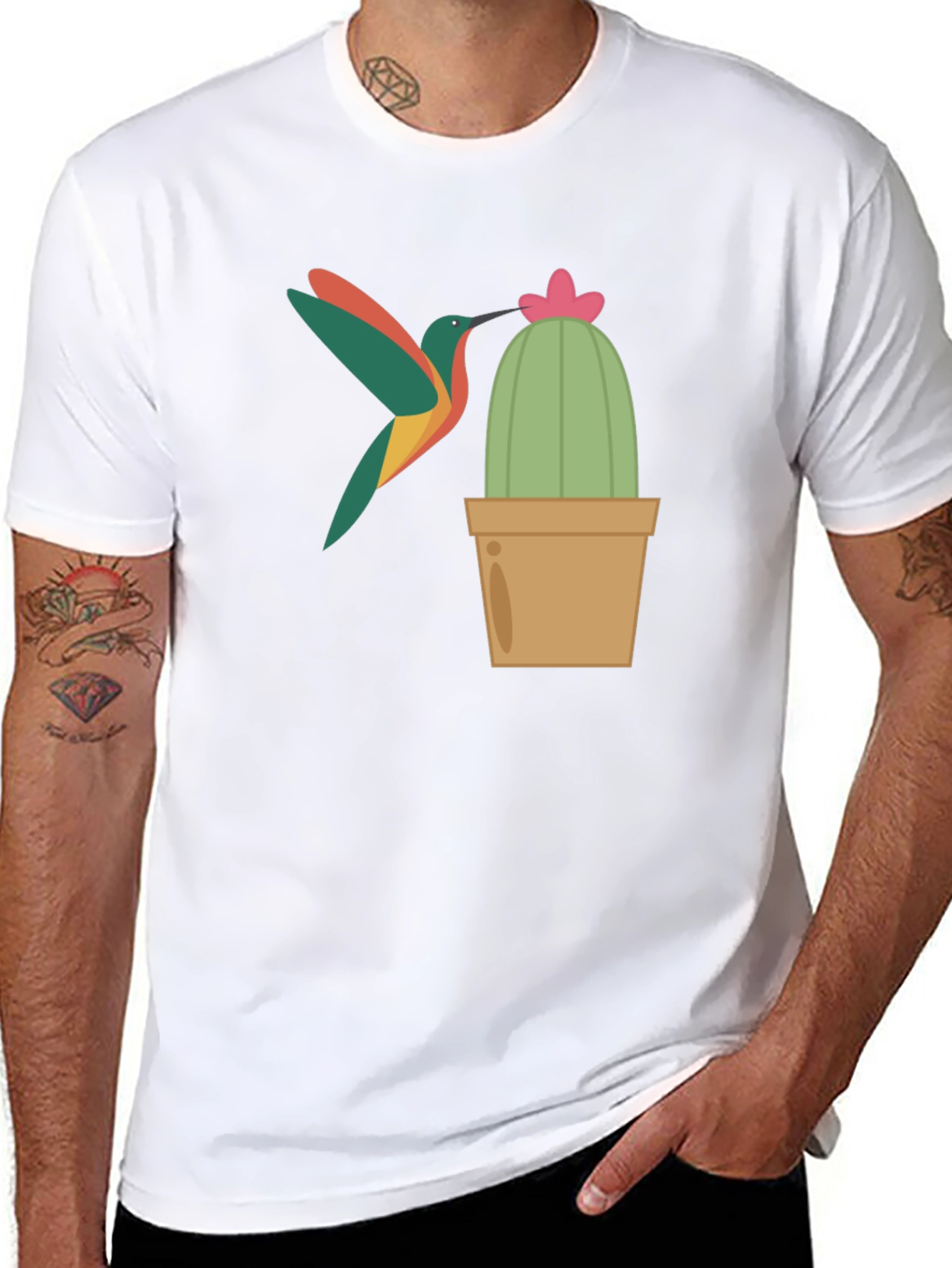 Hummingbird & Cactus Graphic T-Shirt - Black