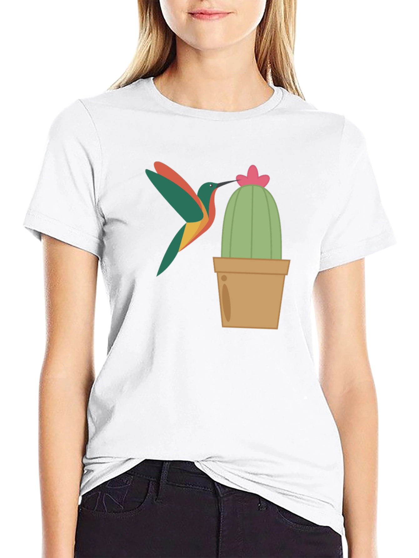 Hummingbird & Cactus Graphic T-Shirt - Black