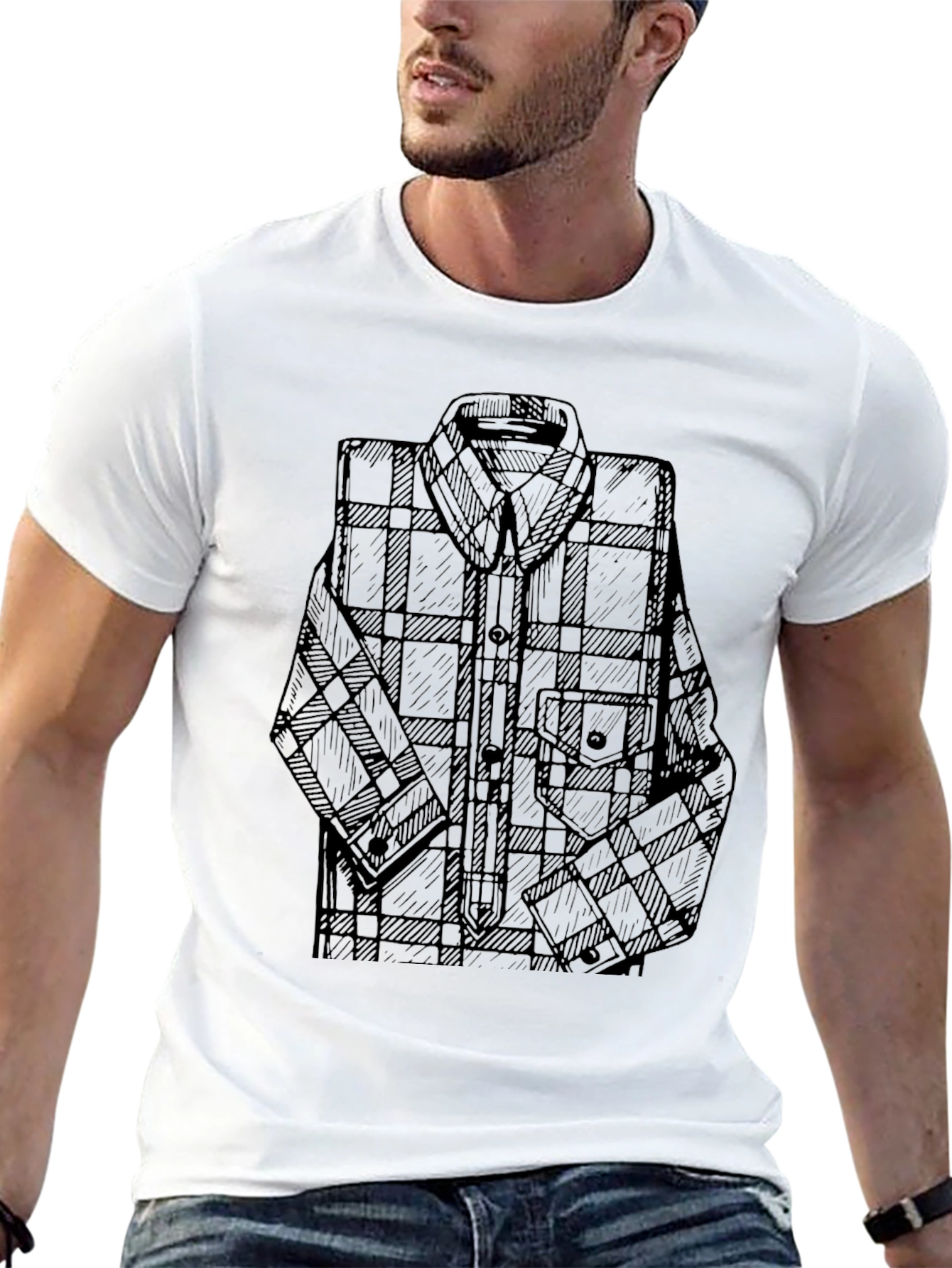 Mens Black T-Shirt with Plaid Shirt Graphic
