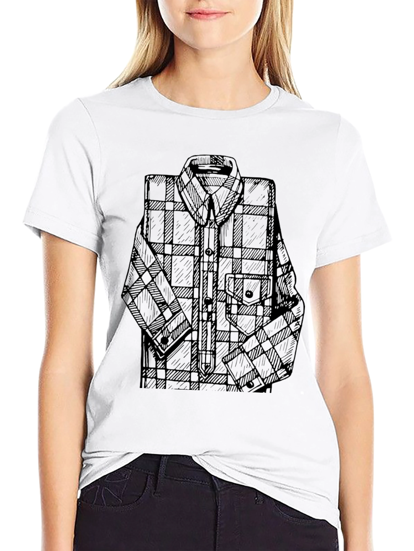 Mens Black T-Shirt with Plaid Shirt Graphic
