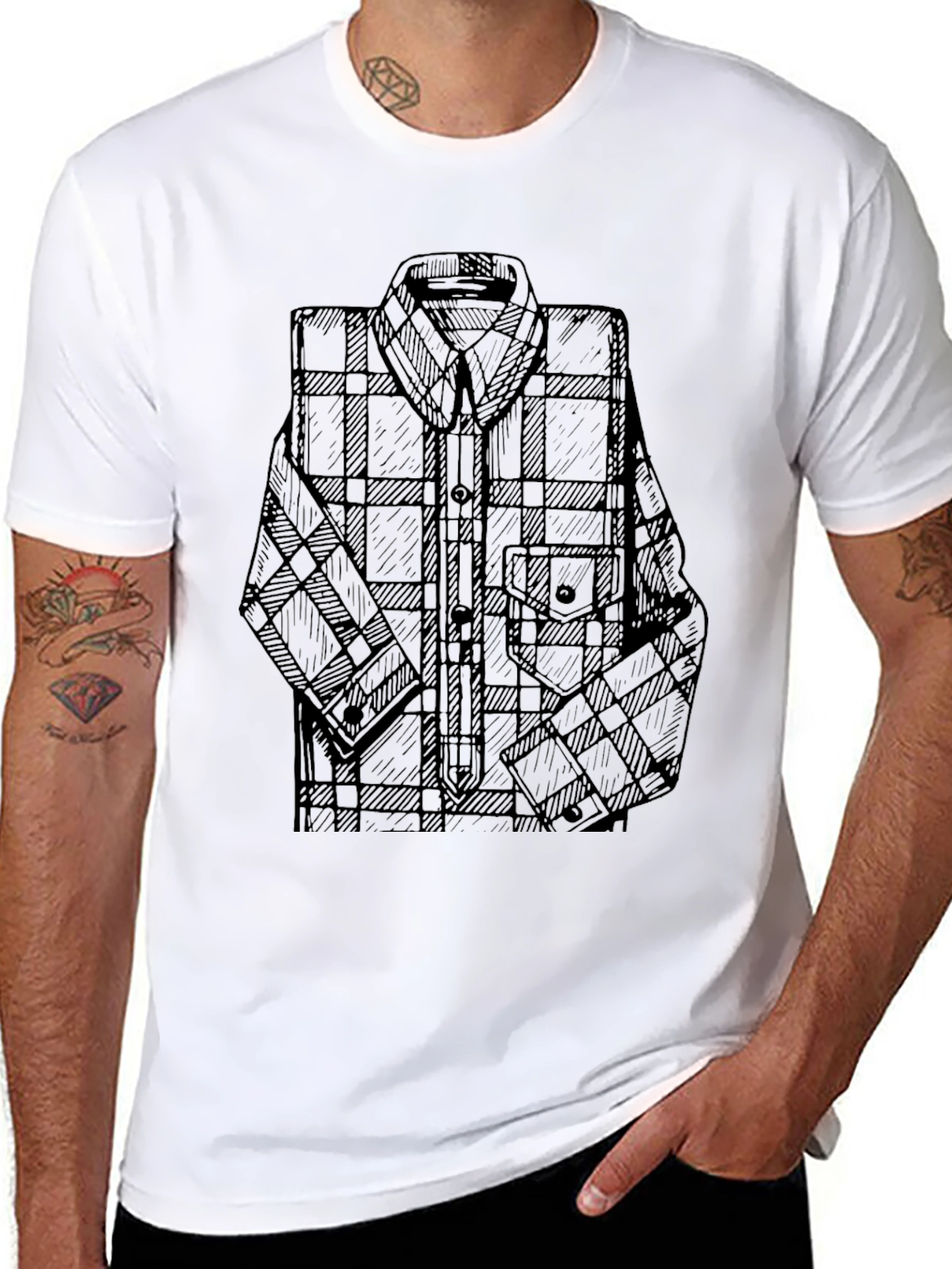 Mens Black T-Shirt with Plaid Shirt Graphic