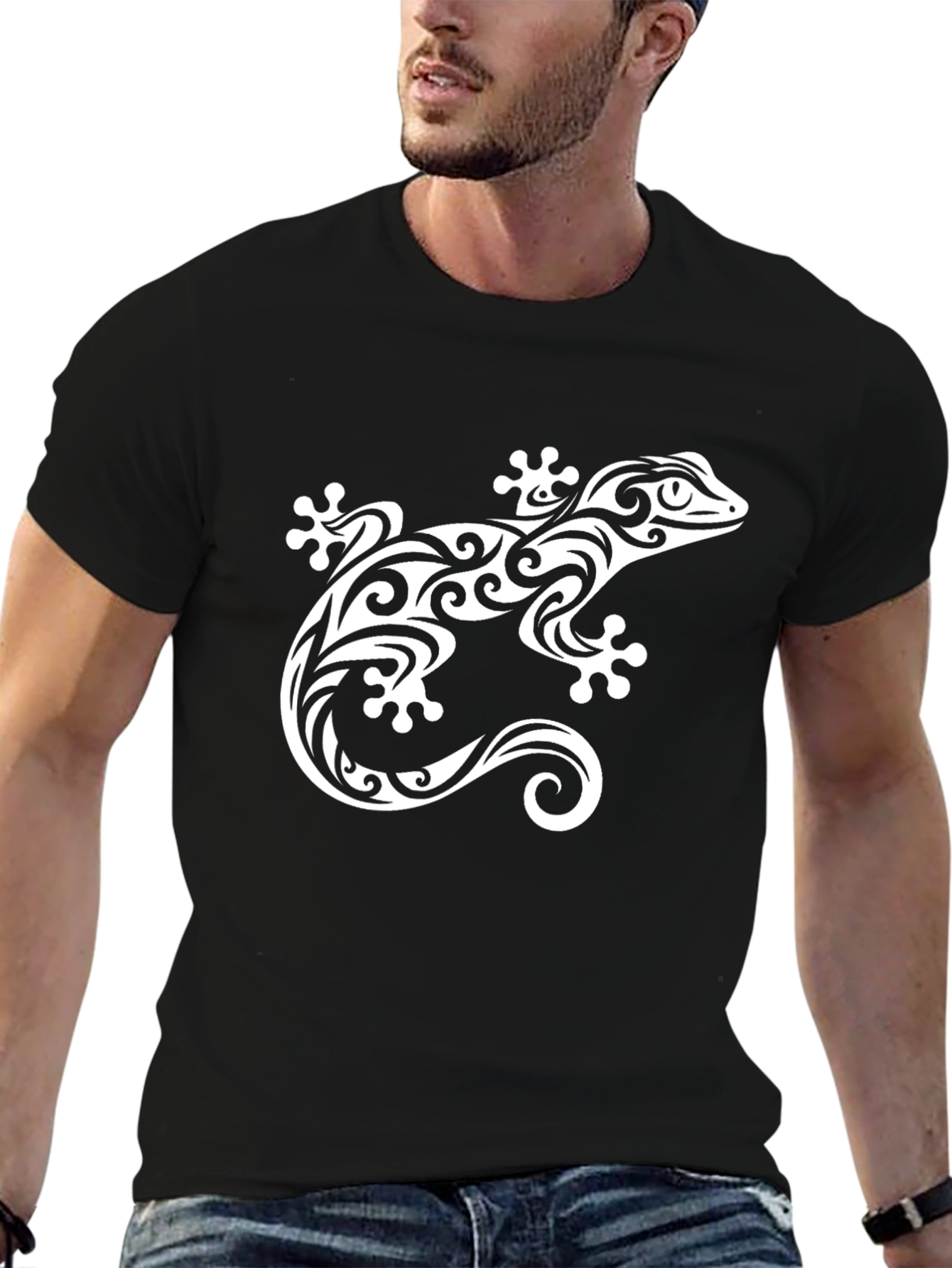 Tribal Gecko Graphic Tee - Stylish Black T-Shirt