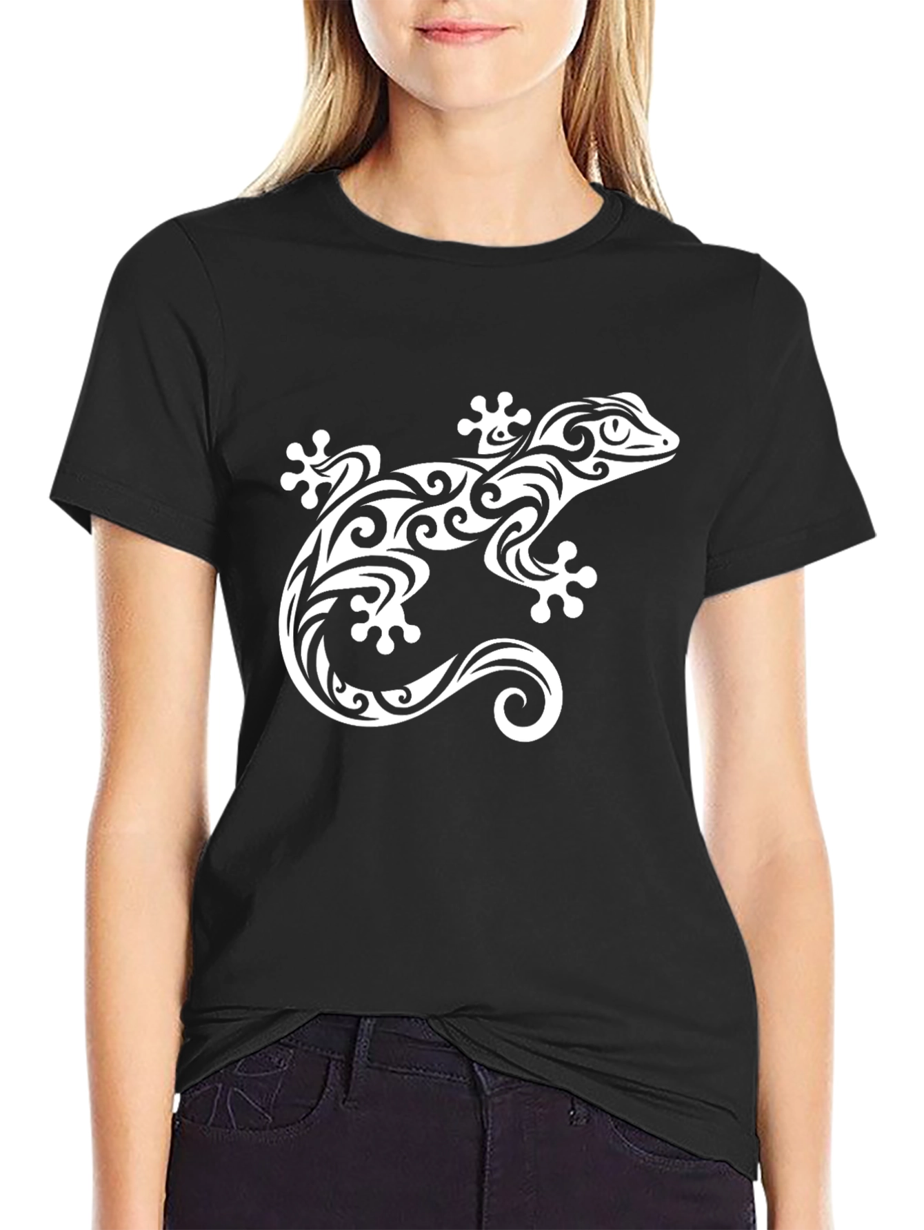Tribal Gecko Graphic Tee - Stylish Black T-Shirt