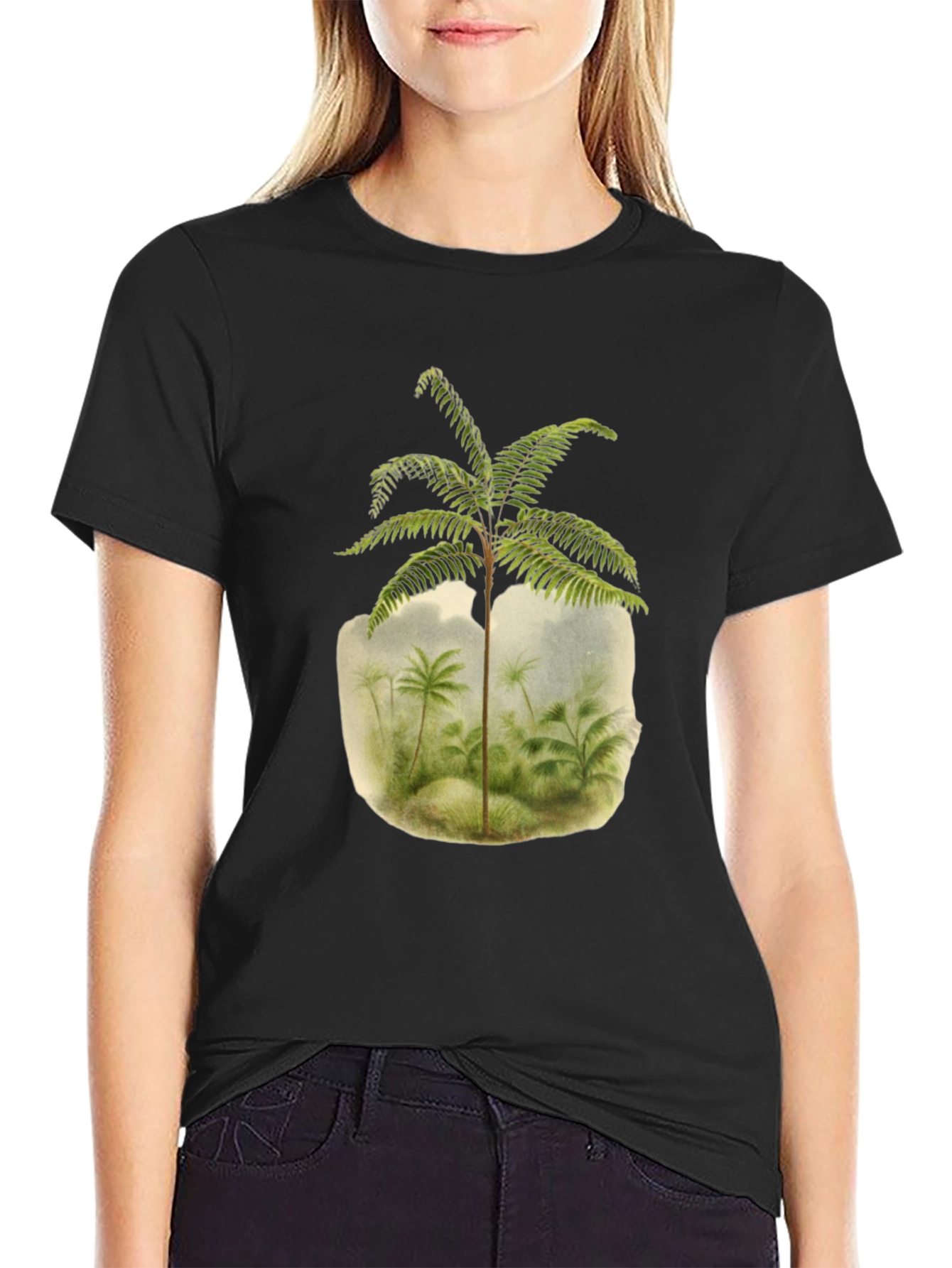 Botanical Fern Print Black T-Shirt
