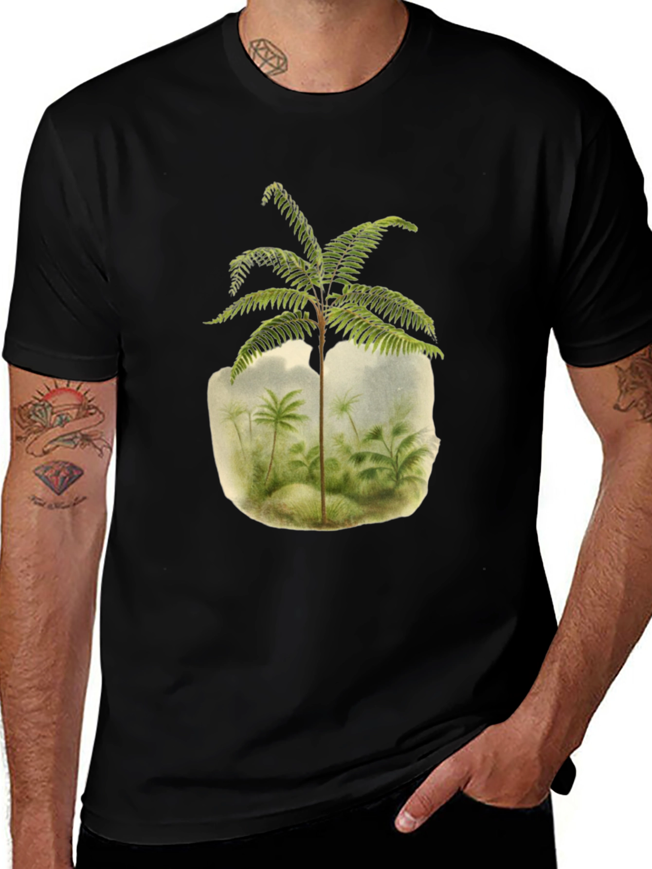 Botanical Fern Print Black T-Shirt