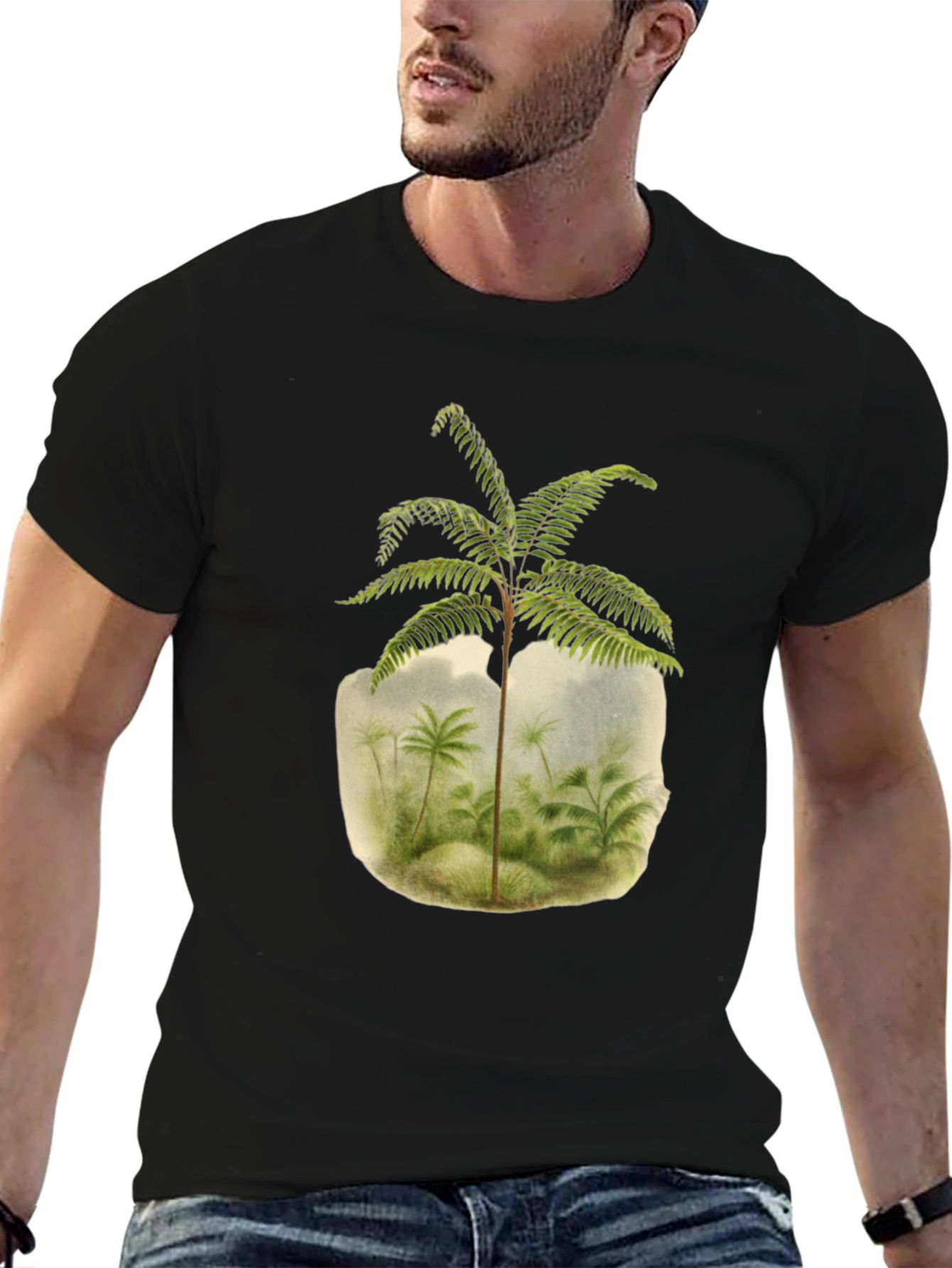 Botanical Fern Print Black T-Shirt