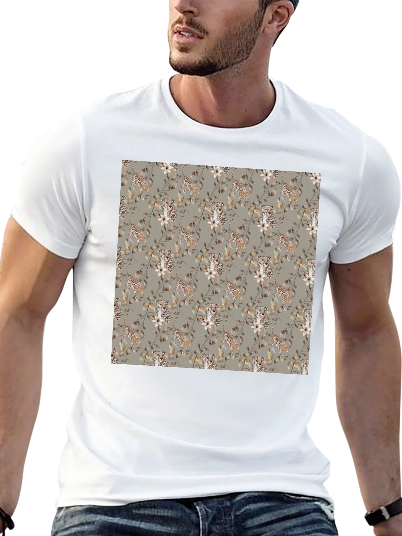 Stylish Floral Leopard Print Mens Black T-Shirt