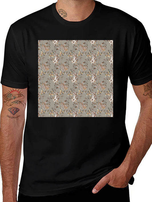 Stylish Floral Leopard Print Mens Black T-Shirt