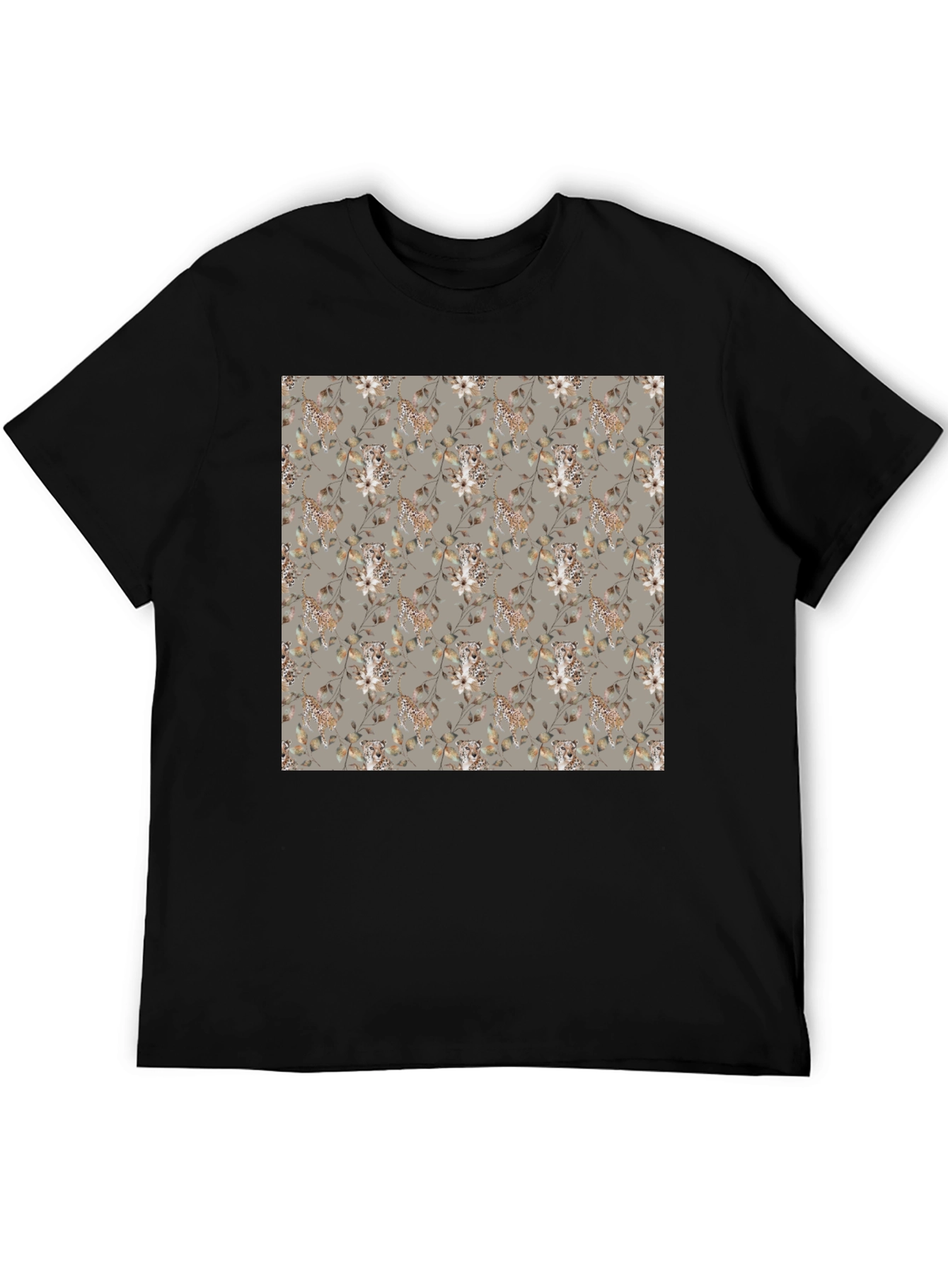 Stylish Floral Leopard Print Mens Black T-Shirt