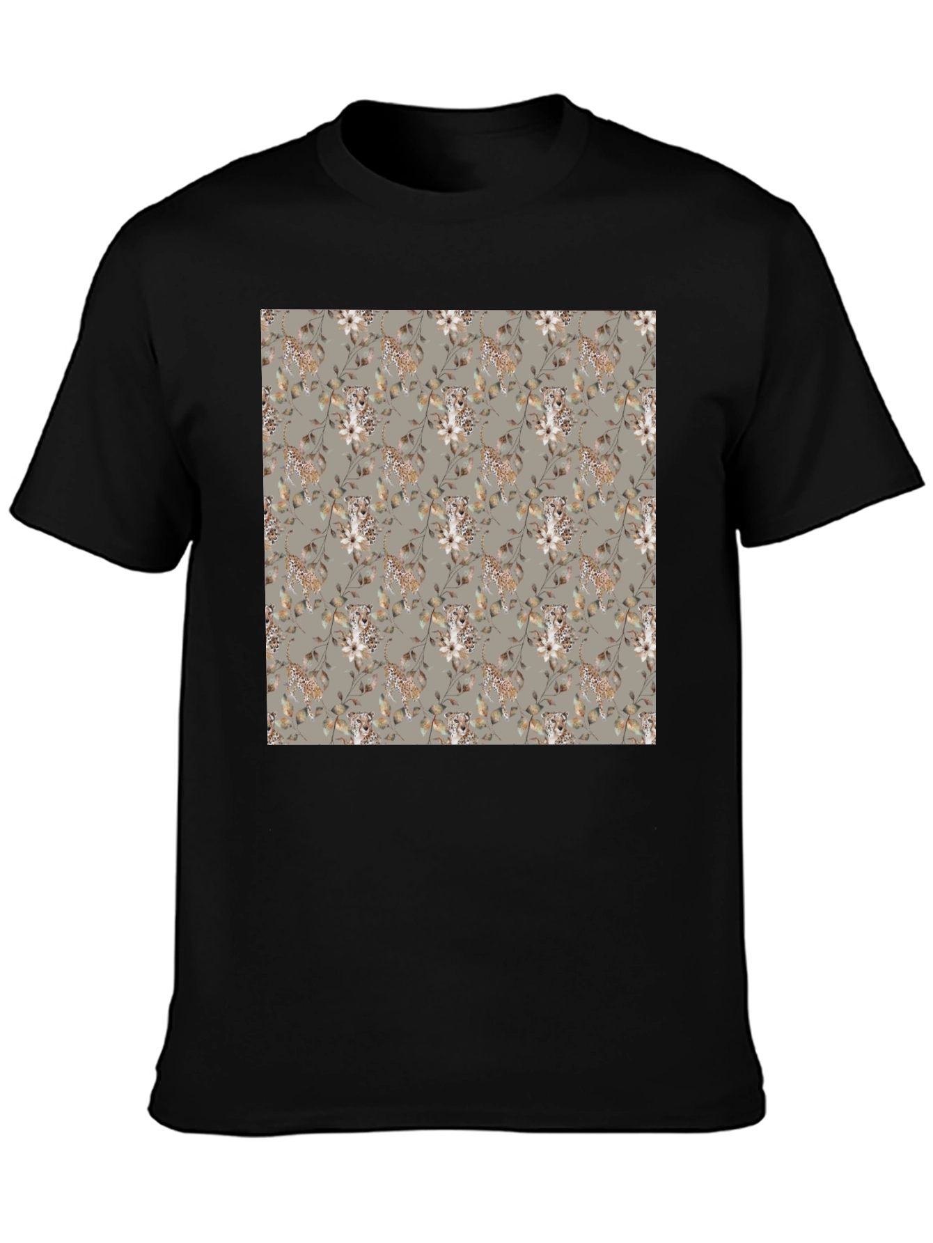 Stylish Floral Leopard Print Mens Black T-Shirt