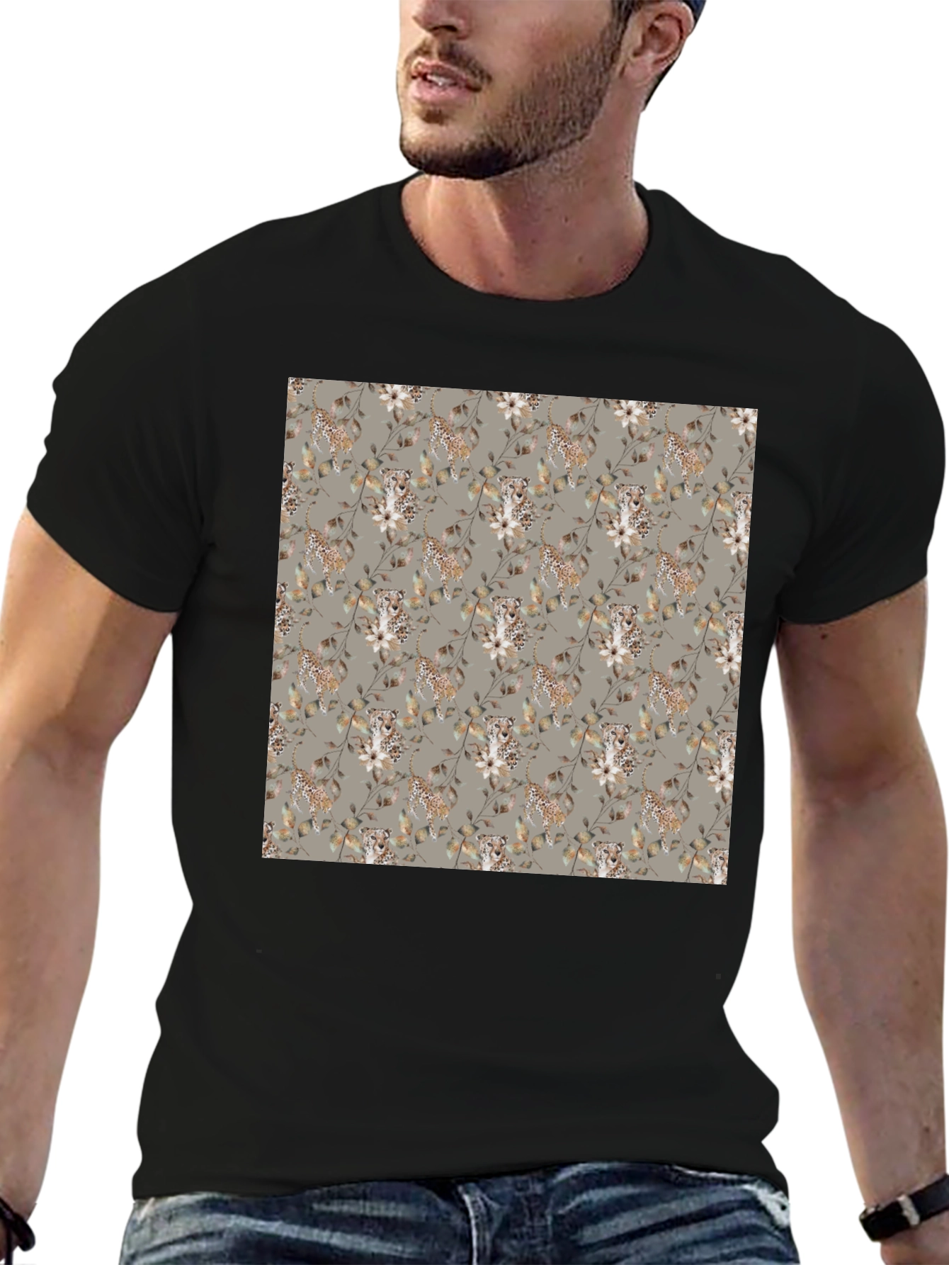 Stylish Floral Leopard Print Mens Black T-Shirt