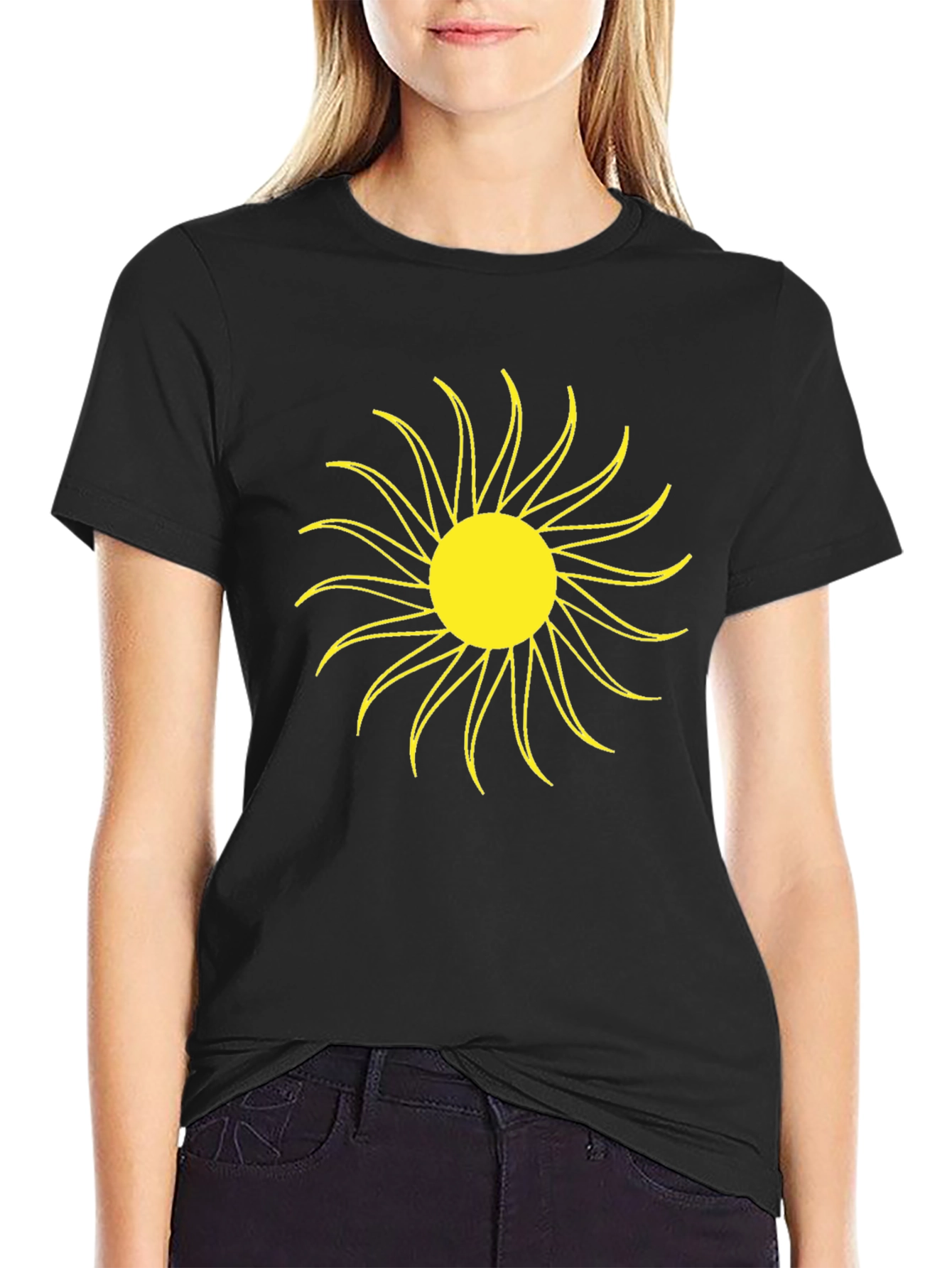 Black T-Shirt with Yellow Sun Graphic