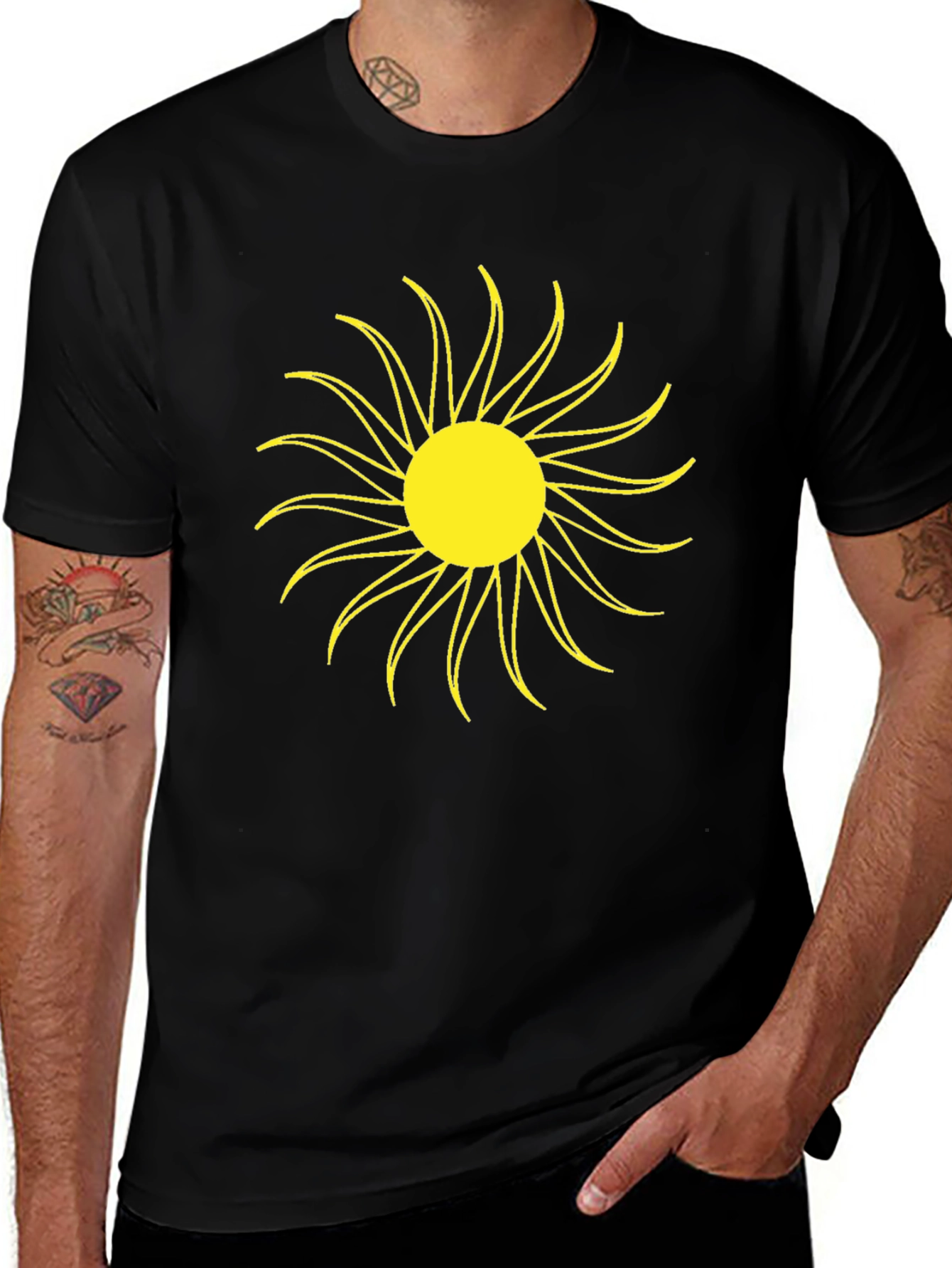 Black T-Shirt with Yellow Sun Graphic
