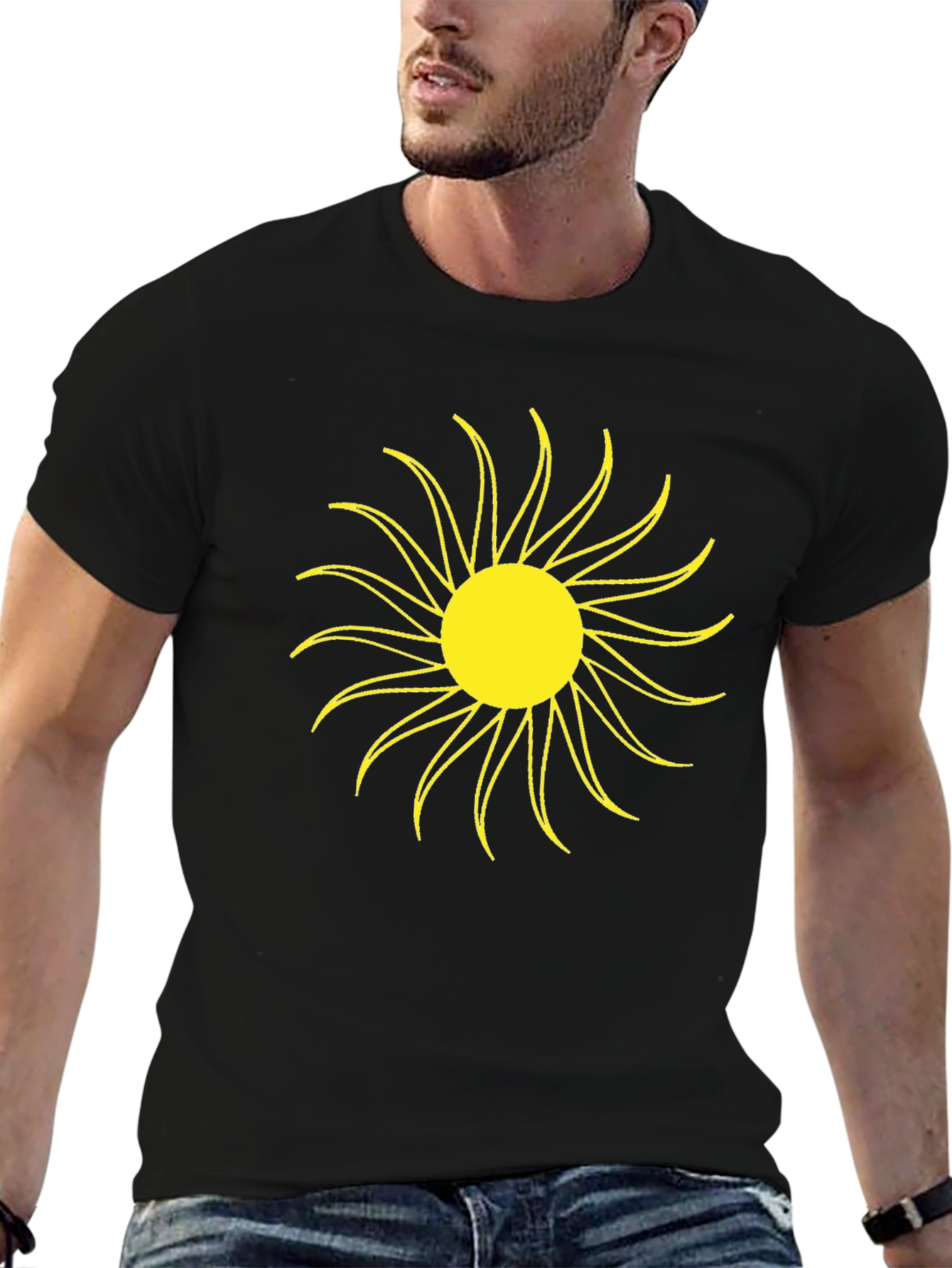 Black T-Shirt with Yellow Sun Graphic