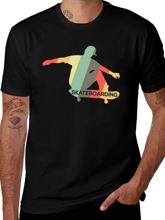 Retro Skateboarder Graphic Tee - Black Cotton Shirt