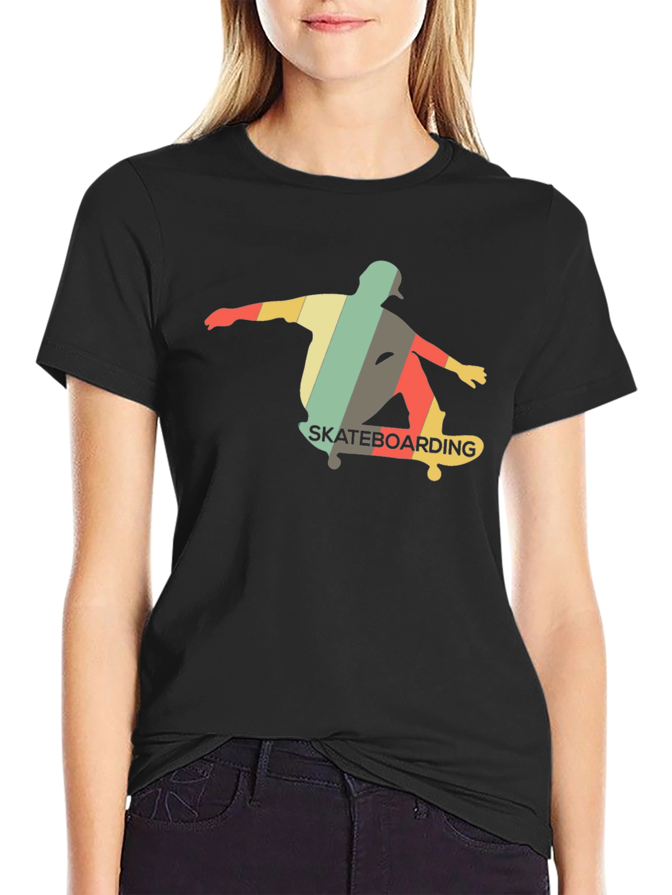Retro Skateboarder Graphic Tee - Black Cotton Shirt