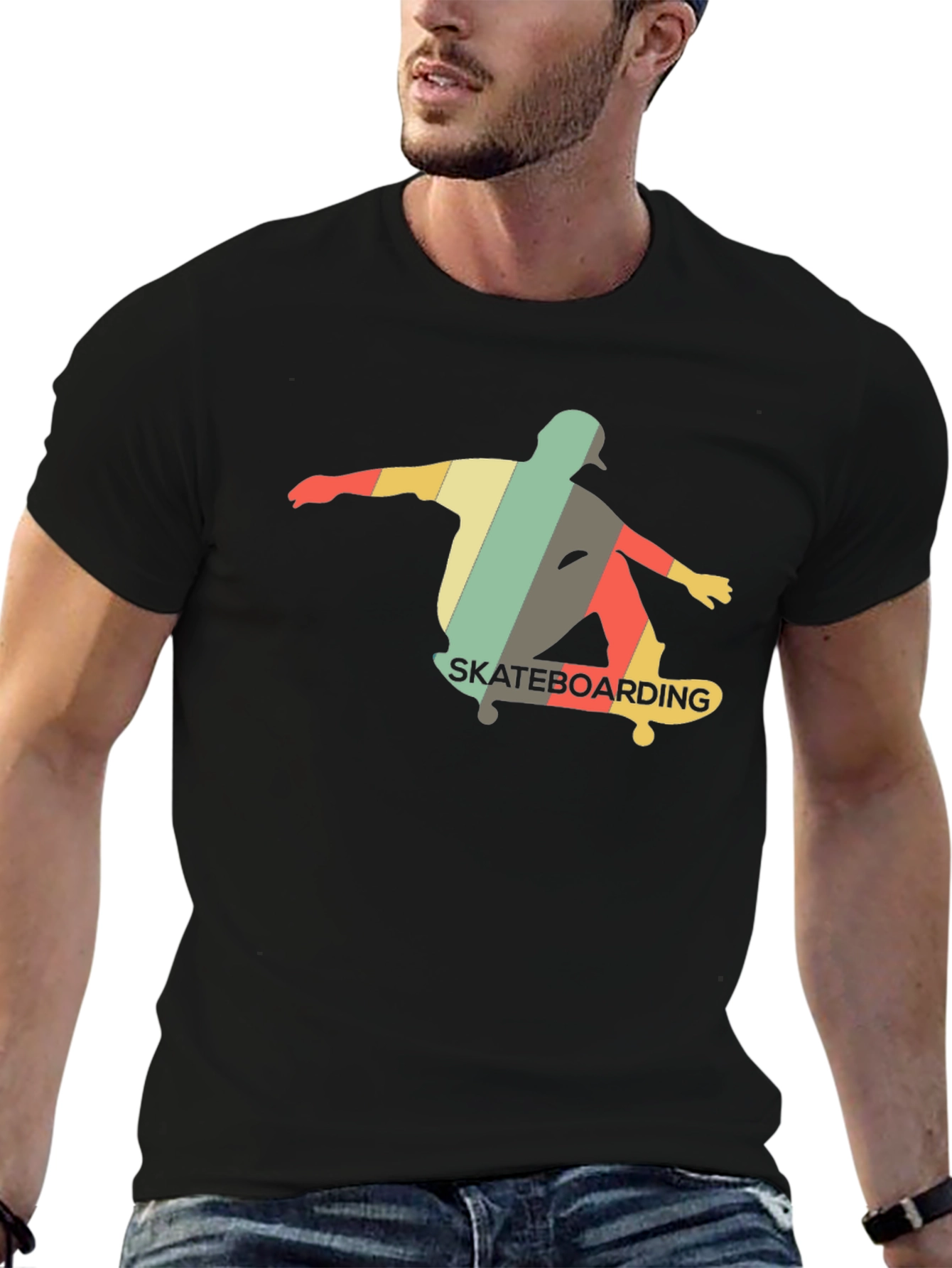 Retro Skateboarder Graphic Tee - Black Cotton Shirt