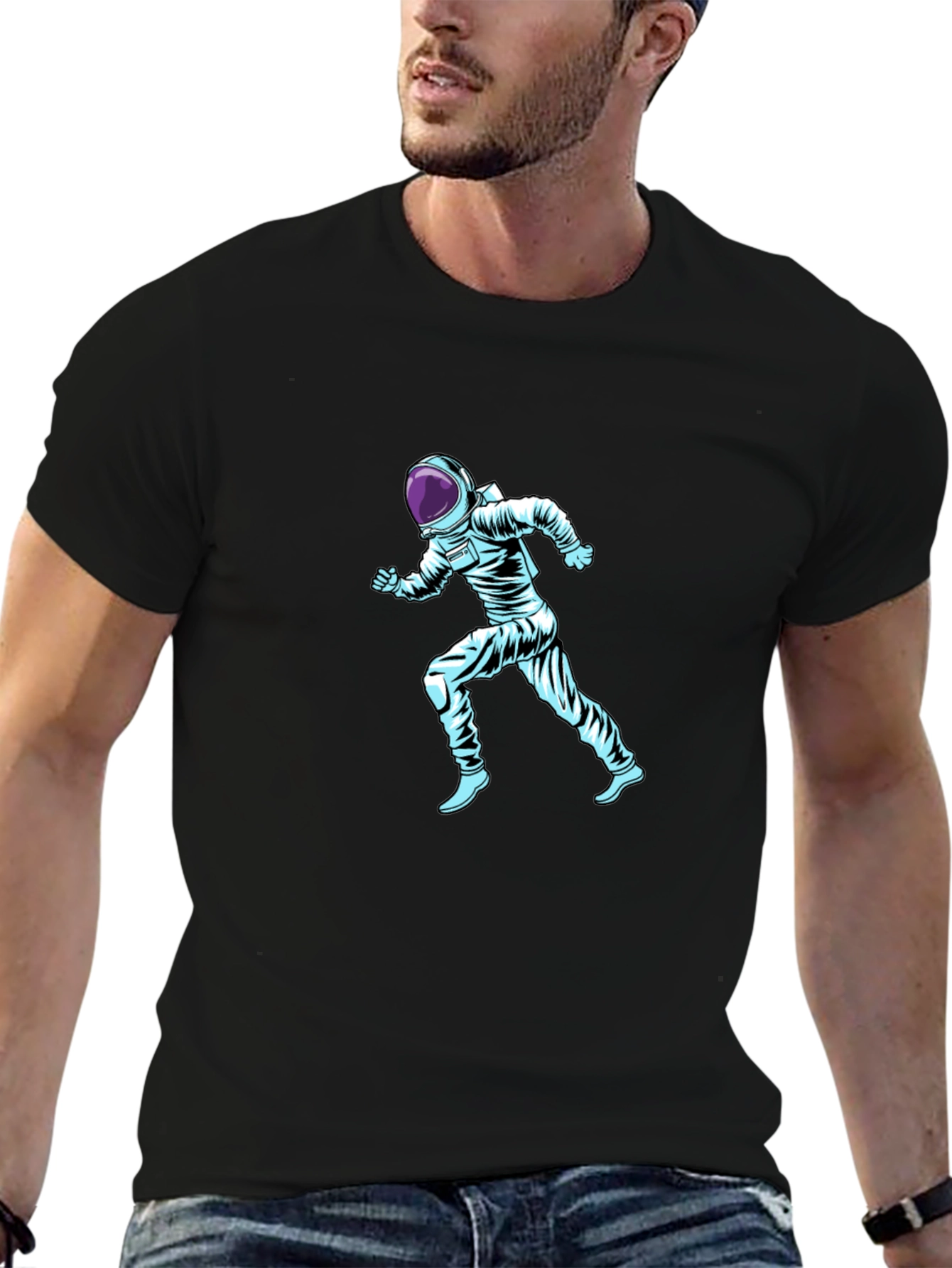 Running Astronaut Graphic Print Black T-Shirt