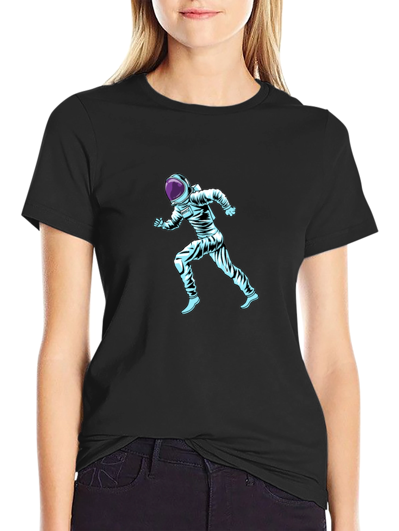 Running Astronaut Graphic Print Black T-Shirt