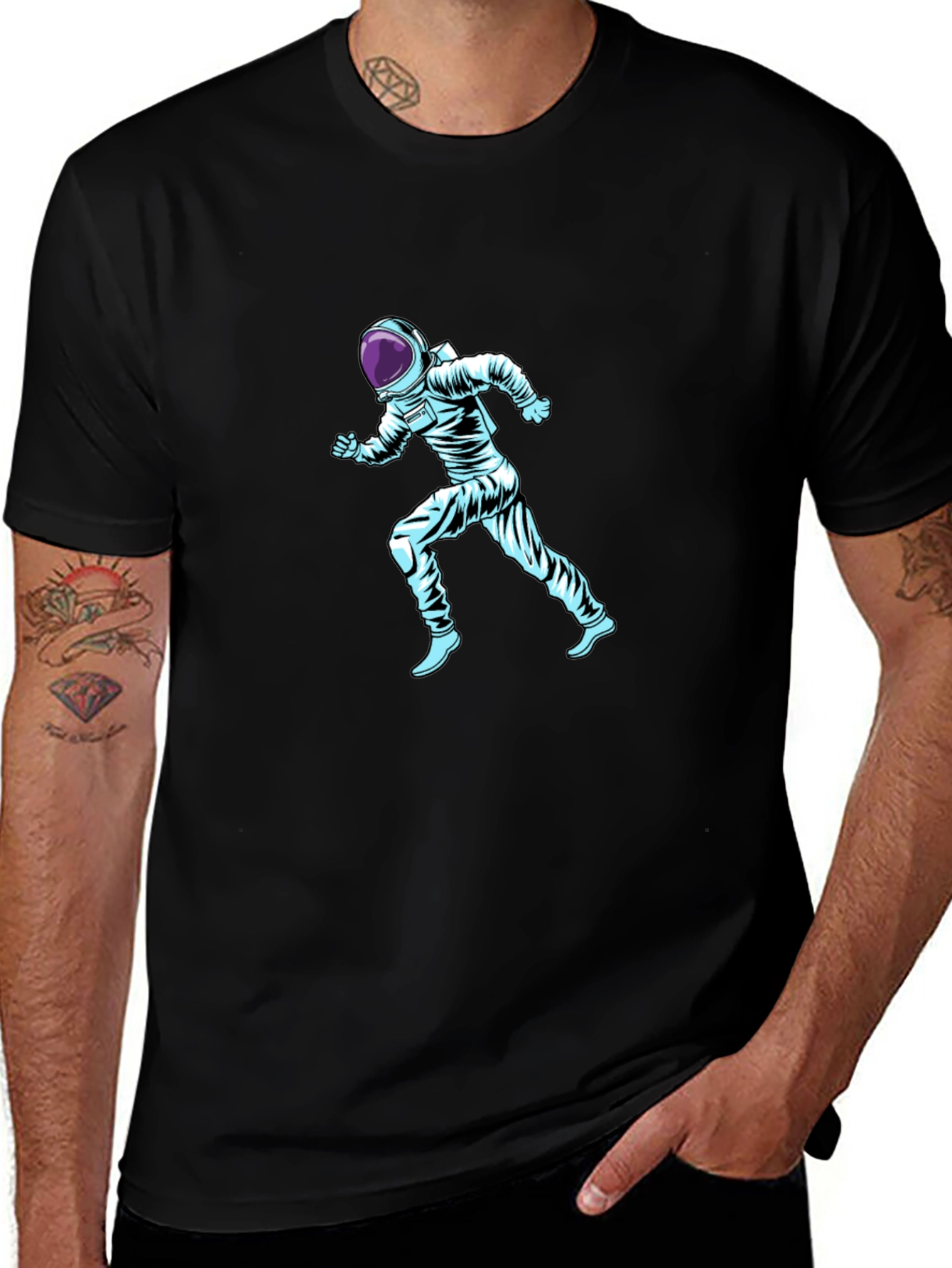 Running Astronaut Graphic Print Black T-Shirt