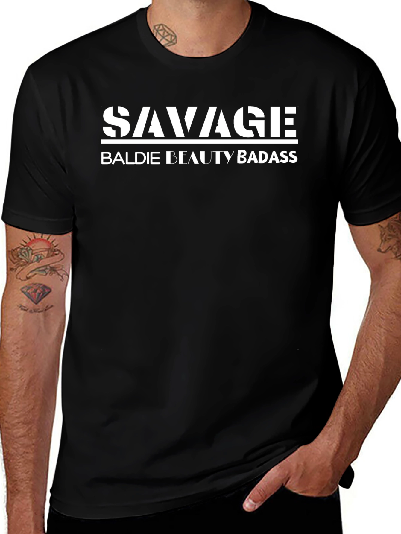 Savage Baldie Beauty Badass Graphic Tee - Black