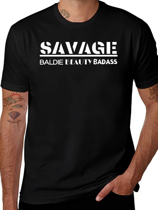 Savage Baldie Beauty Badass Graphic Tee - Black