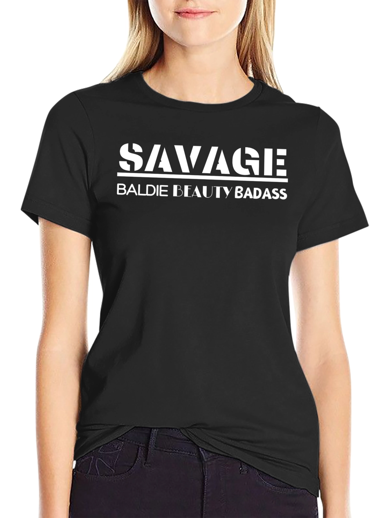 Savage Baldie Beauty Badass Graphic Tee - Black