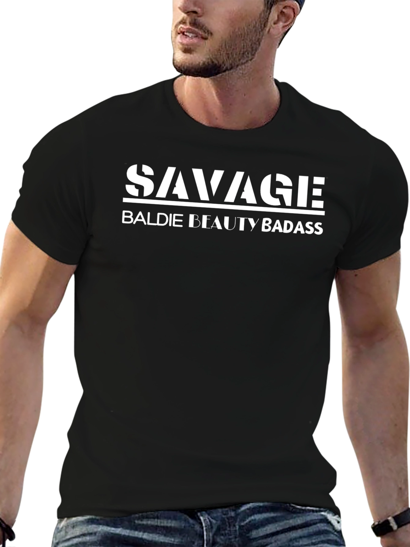 Savage Baldie Beauty Badass Graphic Tee - Black